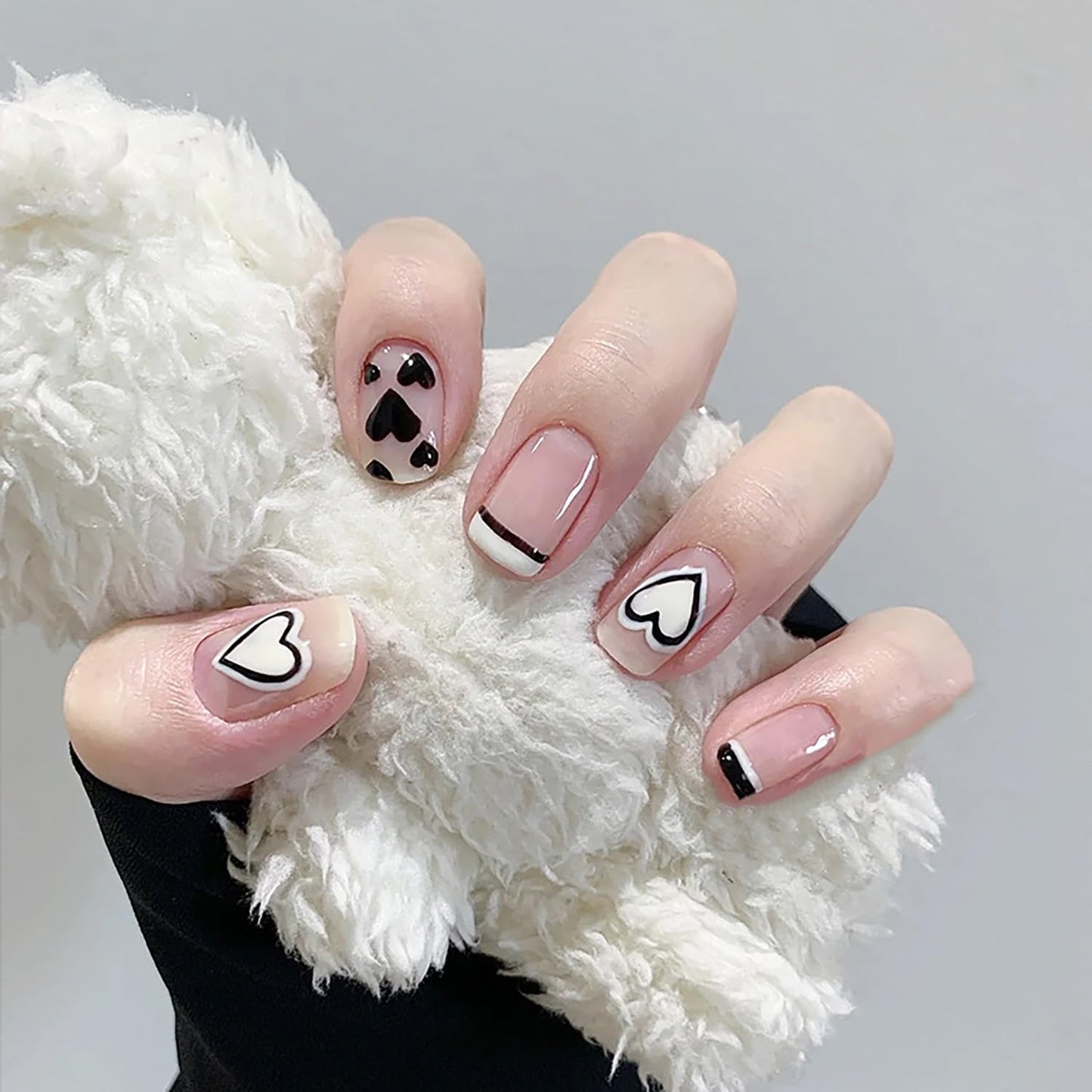 Vezocim Press on Nails Square Short French Tips Black 24Pcs Artificial Square Fake Nails with Heart Designs Glossy Full Cover Acrylic Extra Short Coffin False Nails Glue ons Fingernails for Women