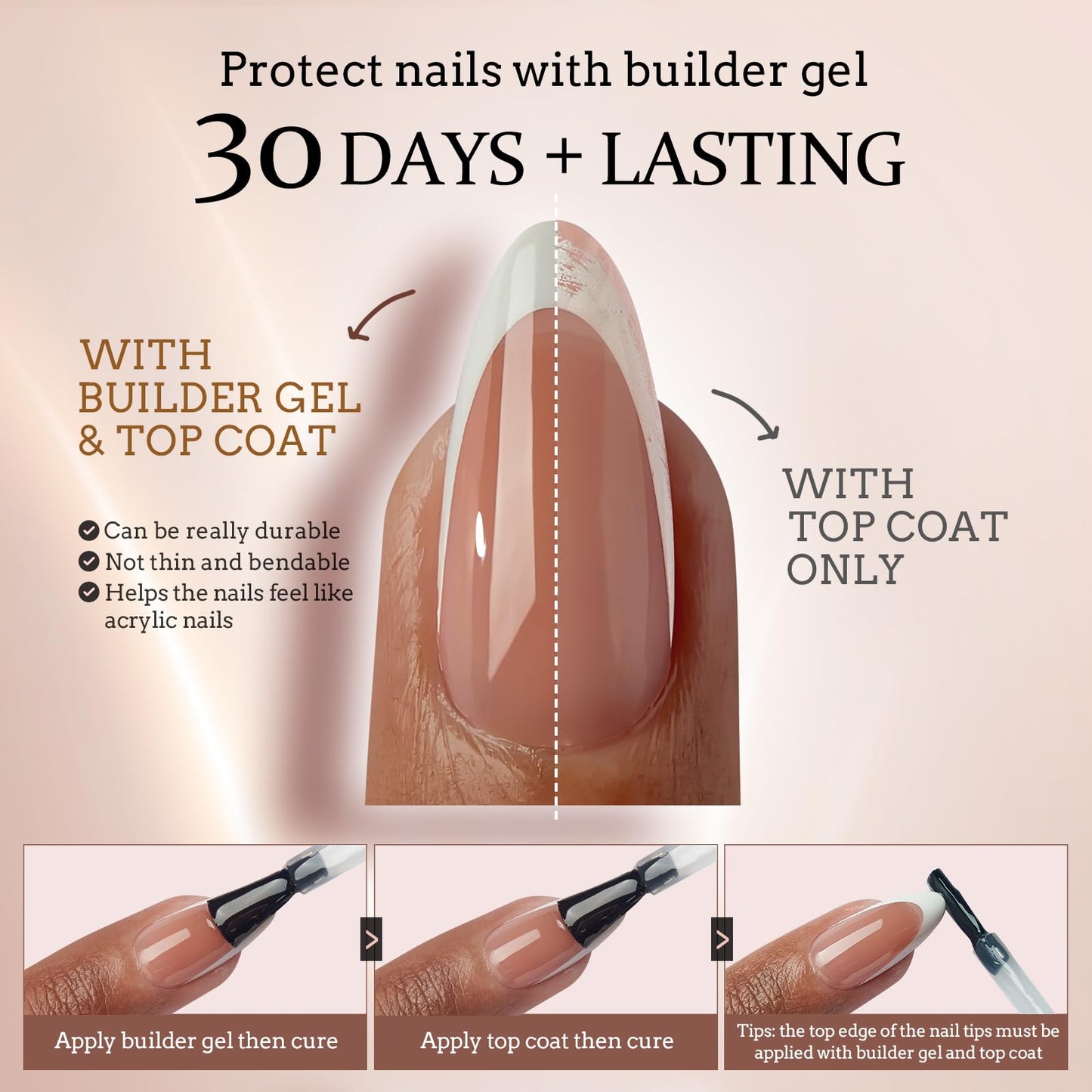 BTArtboxnails French Gel Nail Tips - XCOATTIPS Brown Extra Short Square French Tip Press on Nails Pre-applied Tip Primer & Base Coat, No Need to File Fake Nails Nail Art DIY