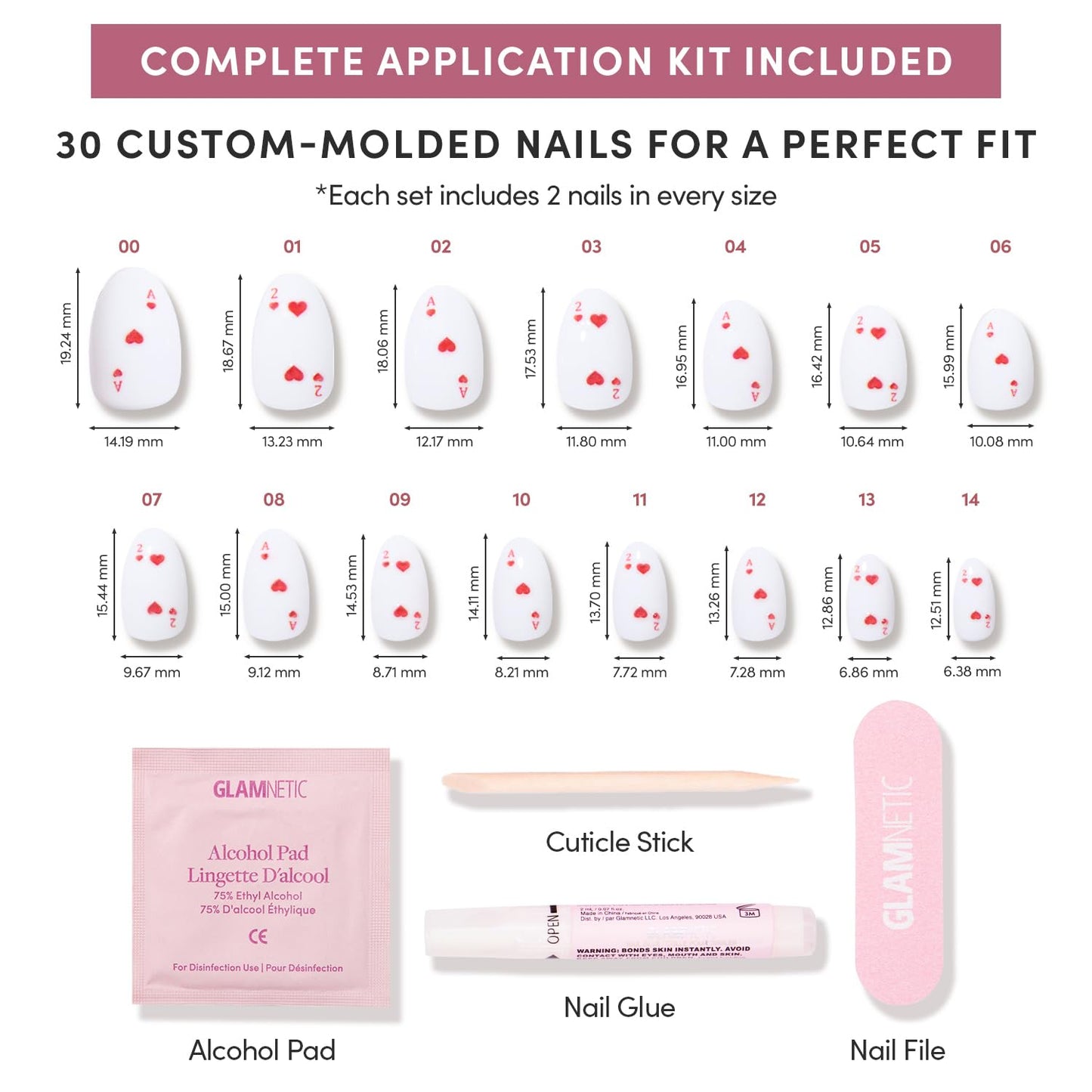Glamnetic Press On Nails - Ace of Hearts | Short Oval Fake Nails in White Solid Base with Raised Ace of Hearts Graphics in a Glossy Finish | 15 Sizes - 30 Nail Kit with Glue