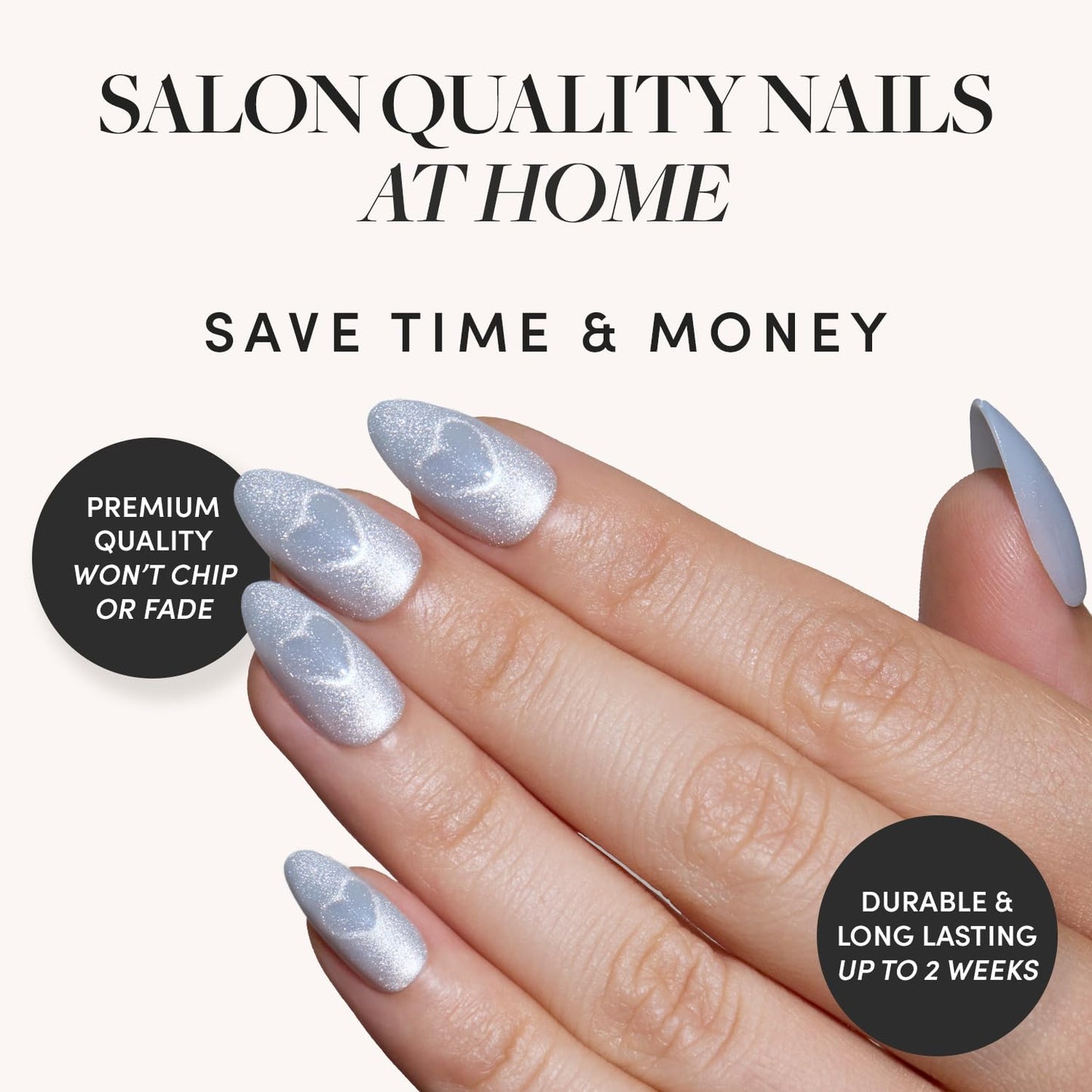 Glamnetic Press-On Nails Bundle - Sweater Weather, Cold Hearted & Velvet Pine | Short Almond Fake Nails with White Glitter French Tips & 3D Designs | Short Almond Fake Nails with Heart Accent and Pale