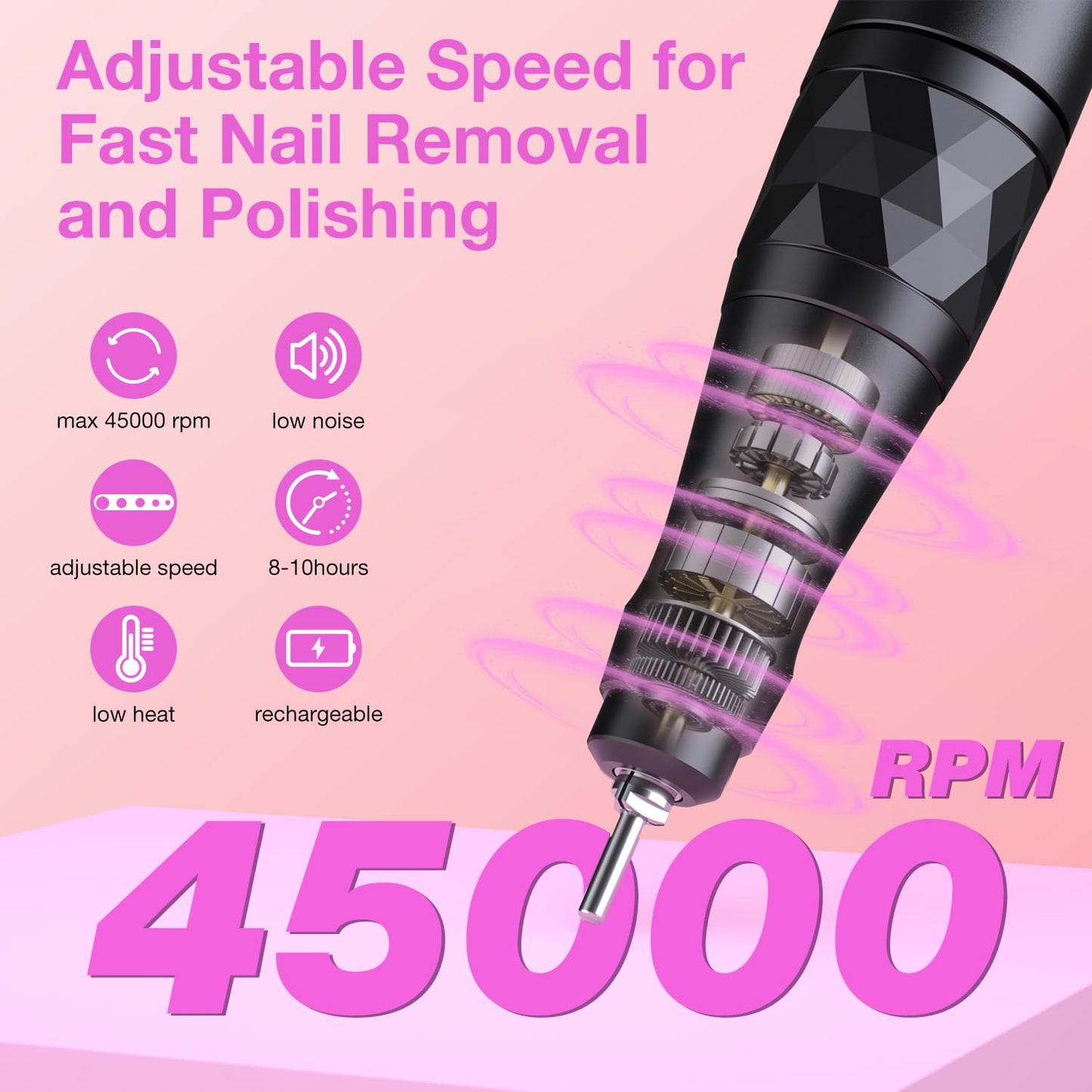 Professional Nail Drill Electric File 45000RPM,Nail File Drill for Acrylic Gel Nails,Cordless Rechargeable Nail Drill Kit,Salon-Grade Efile Nail Machine,Adjustable Speed Efile for Nails(Dark Grey)