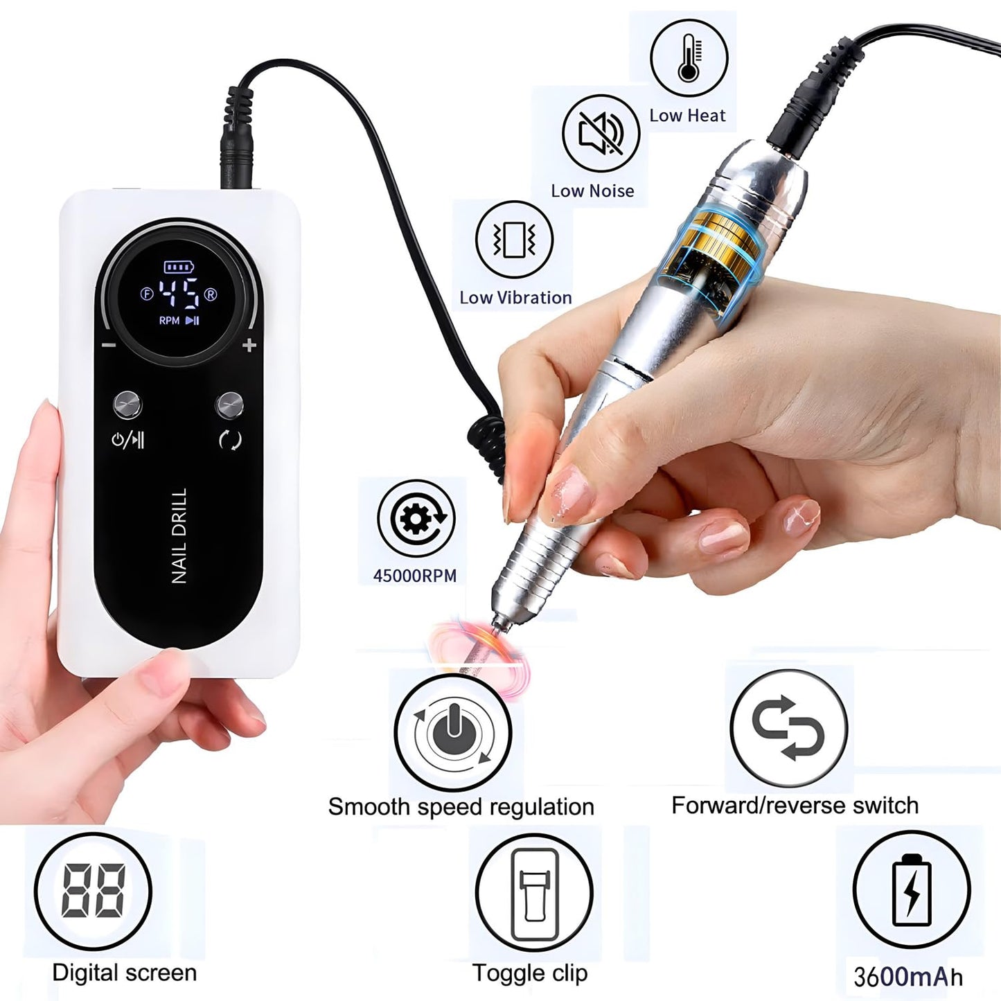 Electric 45000RPM Nail Drill Machine Rechargeable Portable Nail File Electric DIY Nail Drill Kit with Smart LCD Screen for Gel Nail Manicure and Pedicure Reflective Body etc(White)