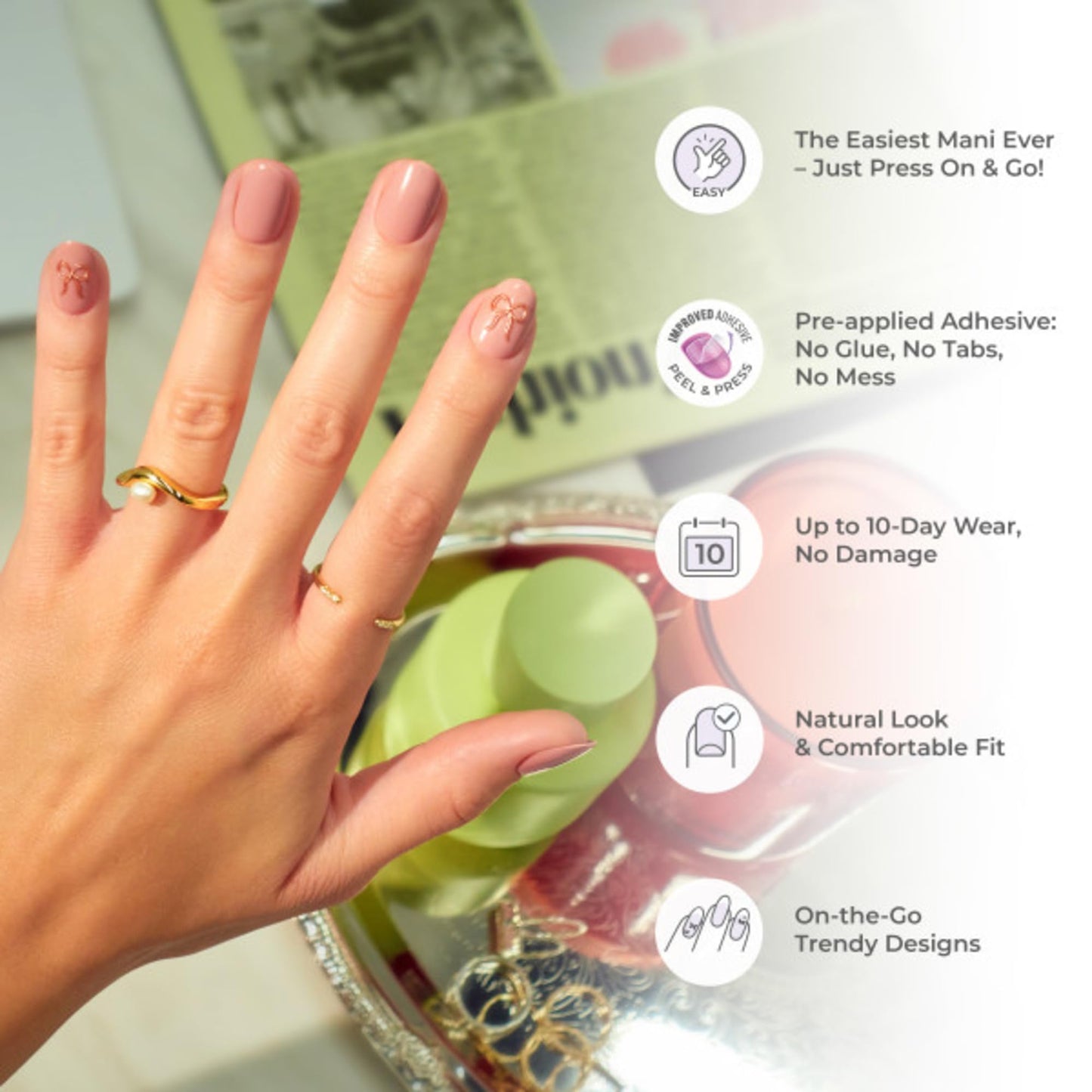 Kiss Impress No Glue Mani Press On Nails, Design, 'Evanesce', Beige, Short Size, Oval Shape, Includes 30 Nails, Prep Pad, Instructions Sheet, 1 Manicure Stick, 1 Mini File