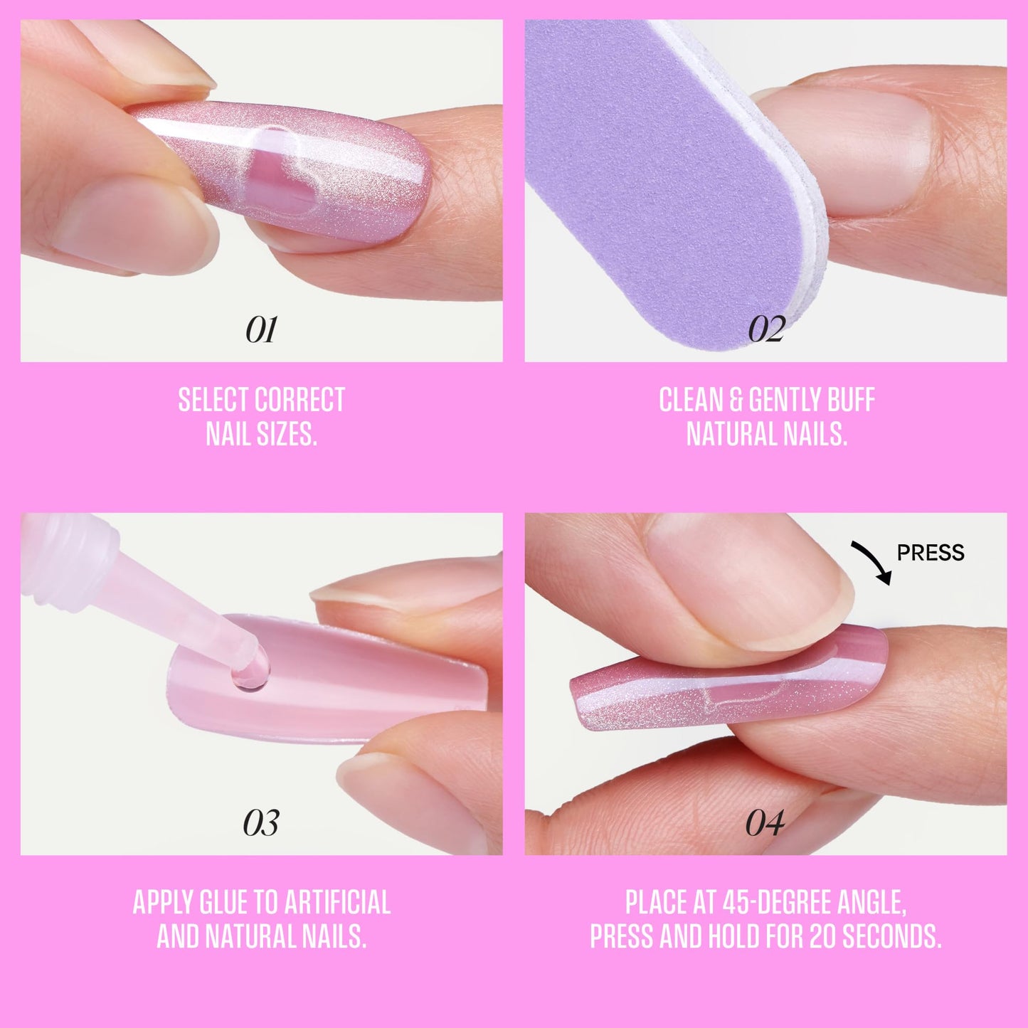 Kiss Glam, Press On Nails, Nail glue included, 'Stardust Wonder', Pink, Medium Size, Almond Shape, Includes 32 Nails, 2g Glue, 1 Manicure Stick, 1 Mini File
