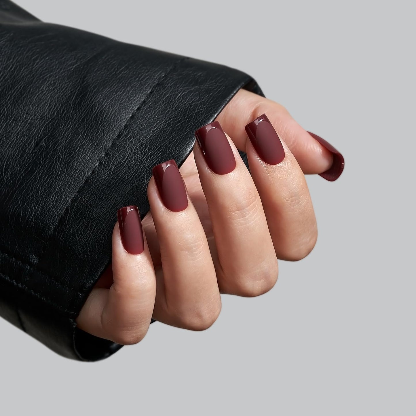 BTArtbox Press on Nails Short Square - Dark Red Nails with Glossy French Tips in a Matte Finish, Soft Gel Fake Nails Glue On Nails for Christmas, Black French & Cozy Cocoa