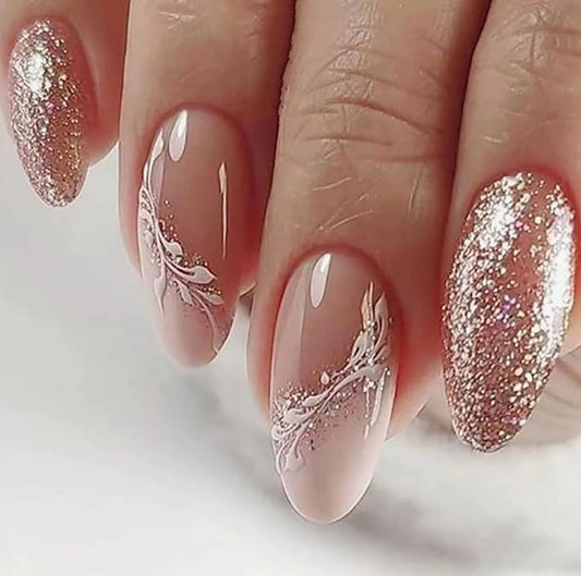 Medium Almond Press on Nails with Designs Gold Glitter Nude White Pink Flower Fake Nails Press ons Acrylic False Nails Glossy Artificial Stick on Nails for Women Girls 24 Pcs