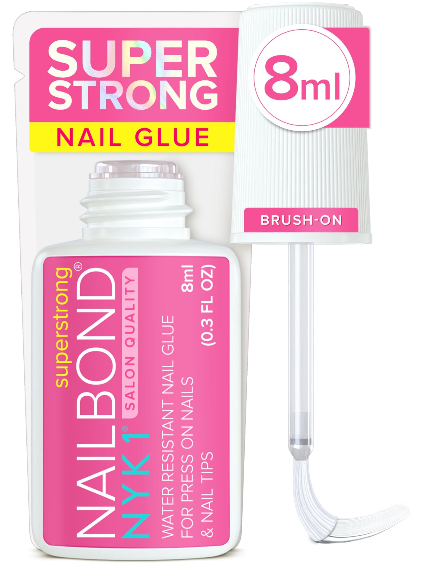 Super Strong Nail Glue for Press On Nails, Nail Tips & Acrylic Nails (8ml) NYK1 NailBond Brush On Glue for Press Ons, Tips & Acrylics - Long Lasting, Maximum Strength, Mess-Free Application
