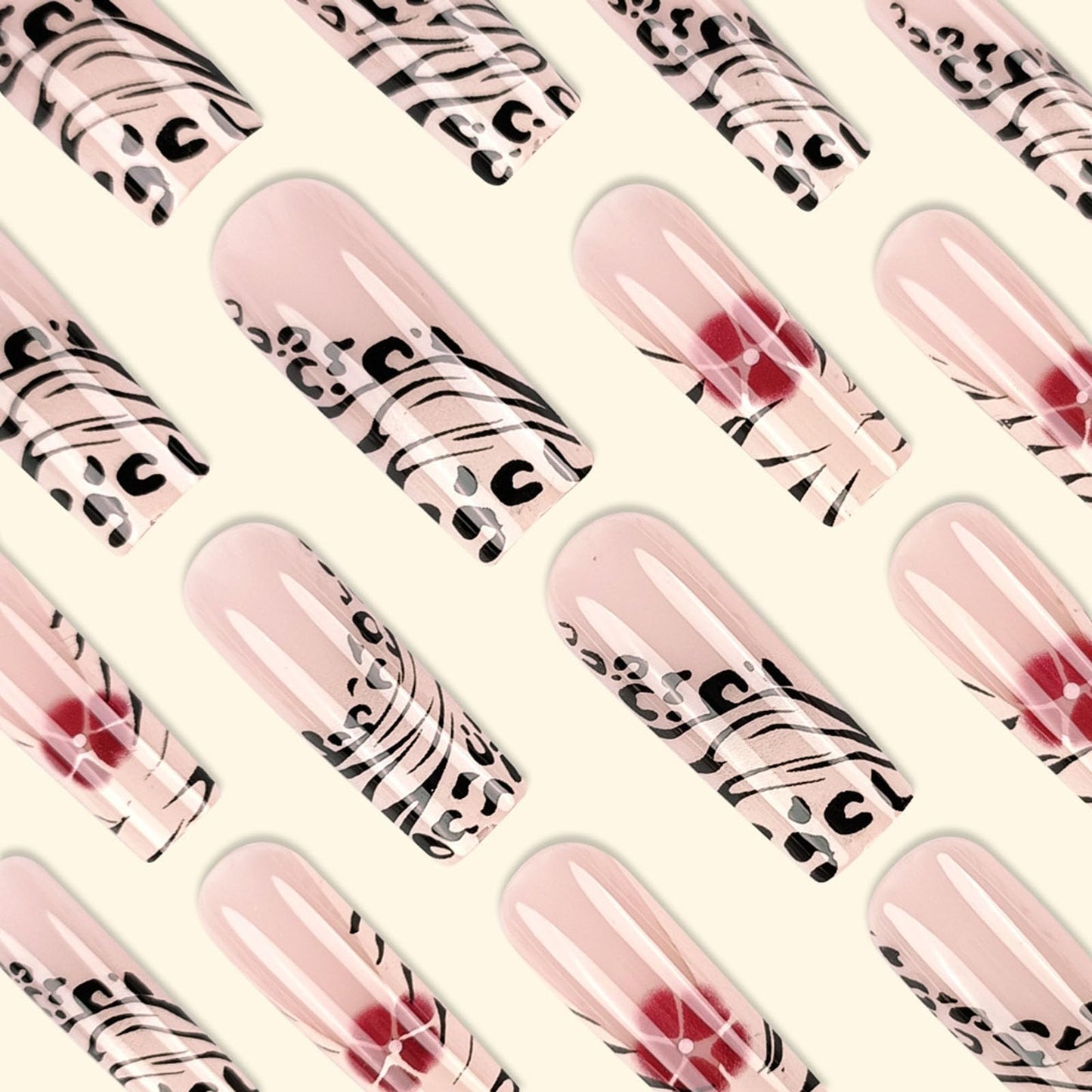 CAEEA Press On Nails Red Flowers Zebra Stripes Square Long False Nails French Nail Tips Artificial Acrylic Nails 24pcs