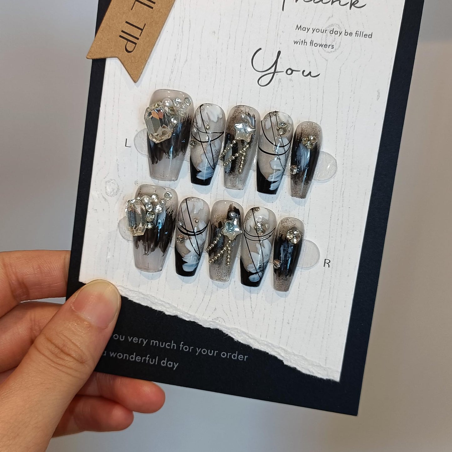 TENPAL 10PCS Gothic Coffin Press on Nails with Tools Kit,Black French Tips Fake Nails with Oriental Chain & Crystal Design | Dark Rebel Glue on Nails Medium | Icy Dark Elegant Chinese Style Nails(XS)