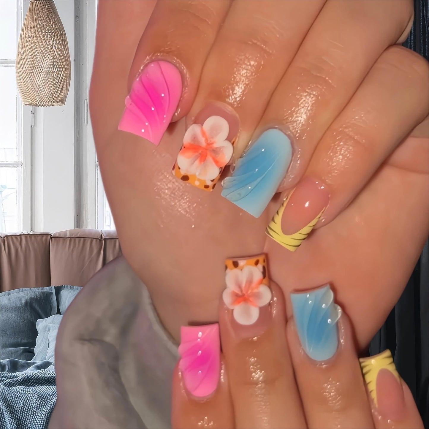 Short Press on Nails Square French Tip Fake Nails Pink Blue Glue on Nails with 3D Swirl and Flower Designs Acrylic Nails Press ons Full Cover Stick on Nail for Women Manicure 24Pcs