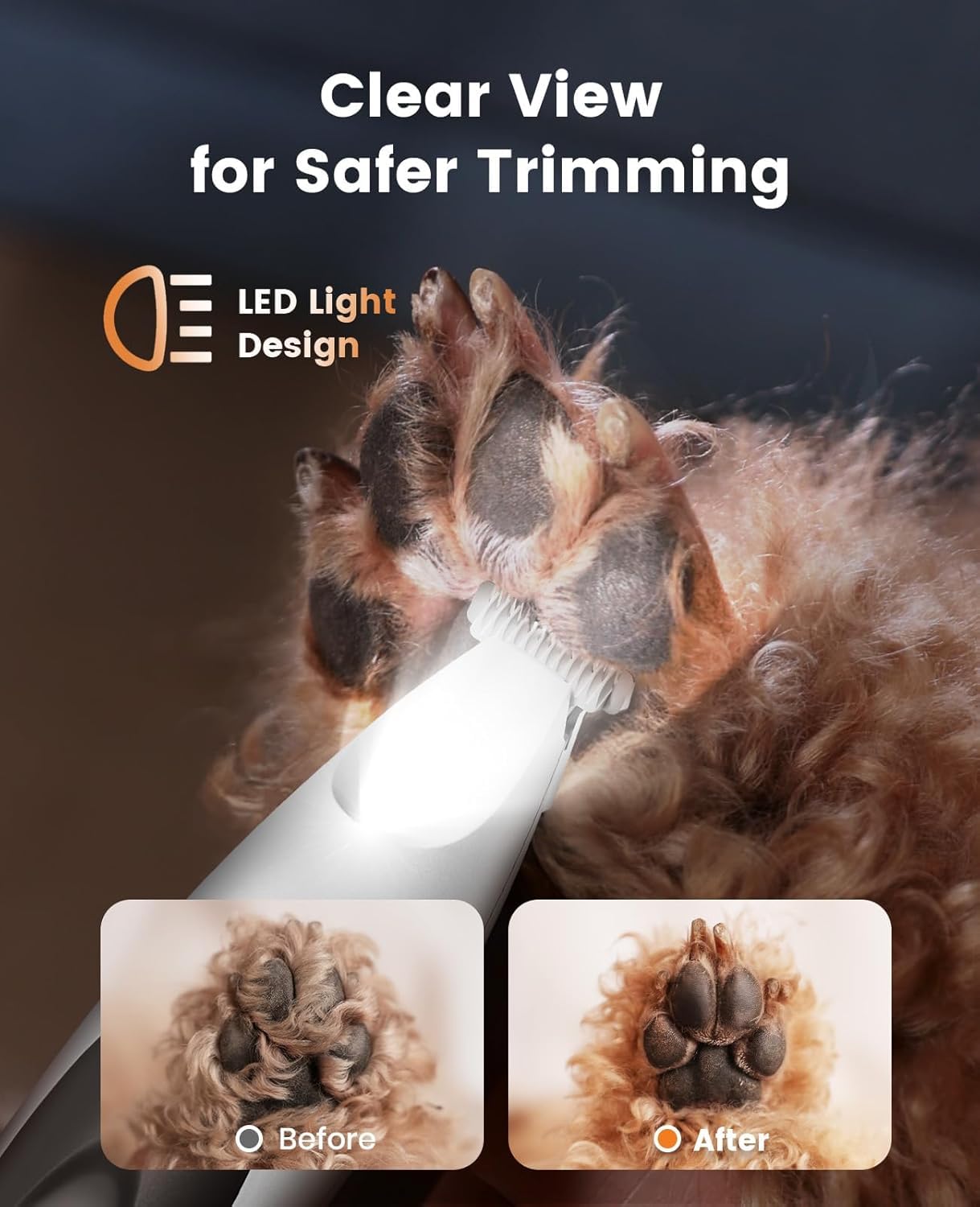 oneisall 2 in 1 Quiet Paw Trimmer and Dog Nail Grinder with LED Lights, 35dB Dog Paw Grooming Kit Rechargeable Cordless Pet Clipper