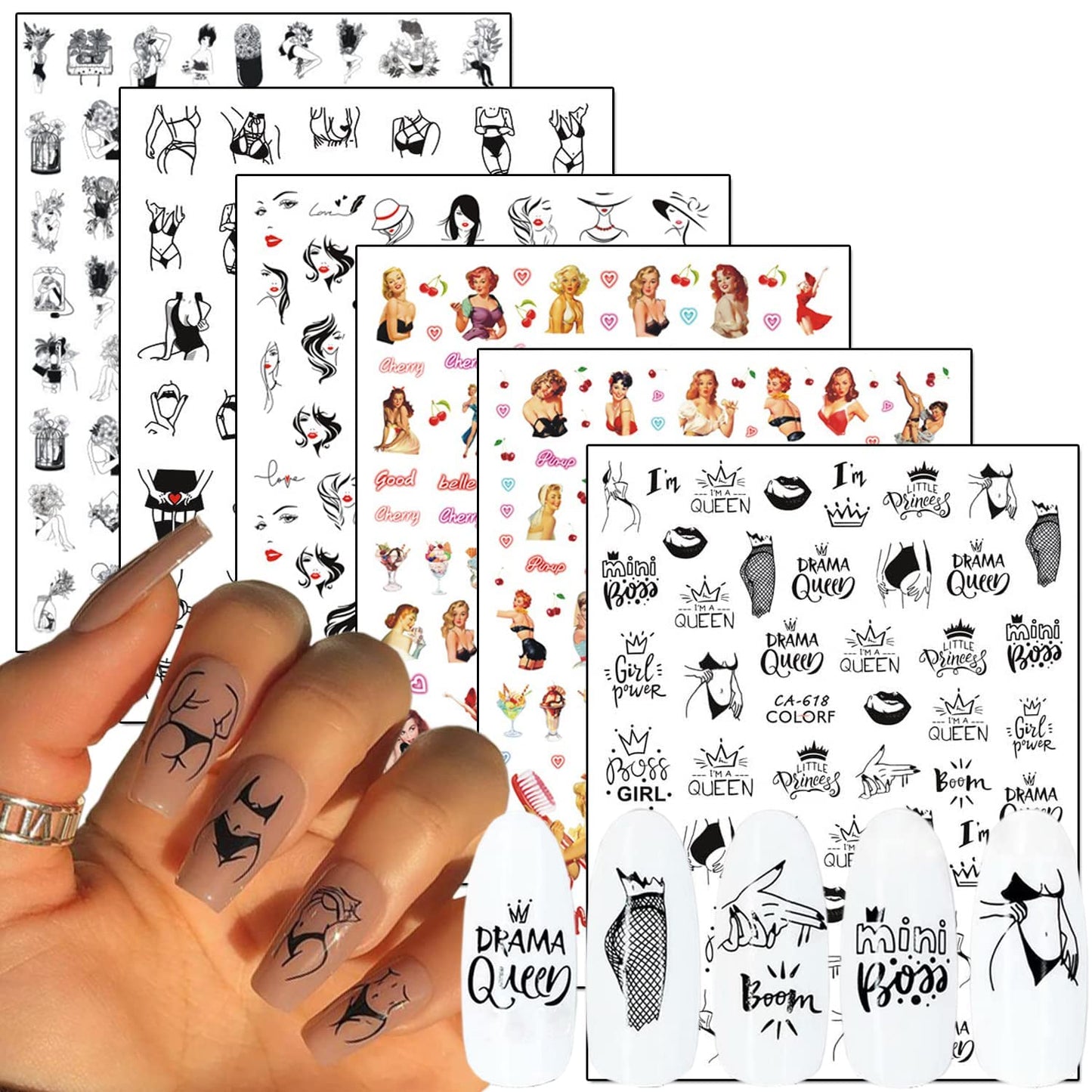 6 Sheets Sexy Girls Nail Stickers and 6 Sheets Cat Nail Stickers