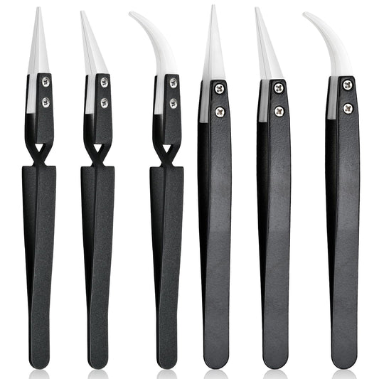 Aemygo 6 Pcs Precision Reverse Ceramic Tweezers Set, Non-Conductive Heat-resistant Electronics Soldering Tweezers Anti-Magnetic Pointed & Curved Tips Tweezers for Solder, Pinching Coils (Black)