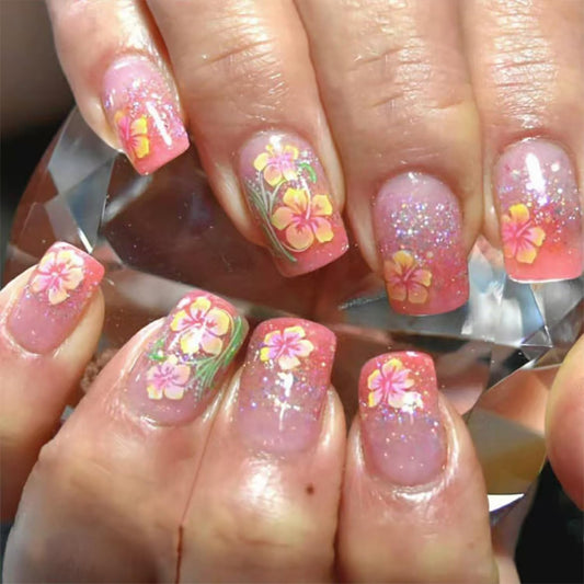 24Pcs Pink French Tip Press on Nails Short Square Fake Nails Yellow Flower Design Spring Summer False Nails Full Cover Artificial Glue on Nails Cute False Nails Stick on Nails for Women Nail Supplies