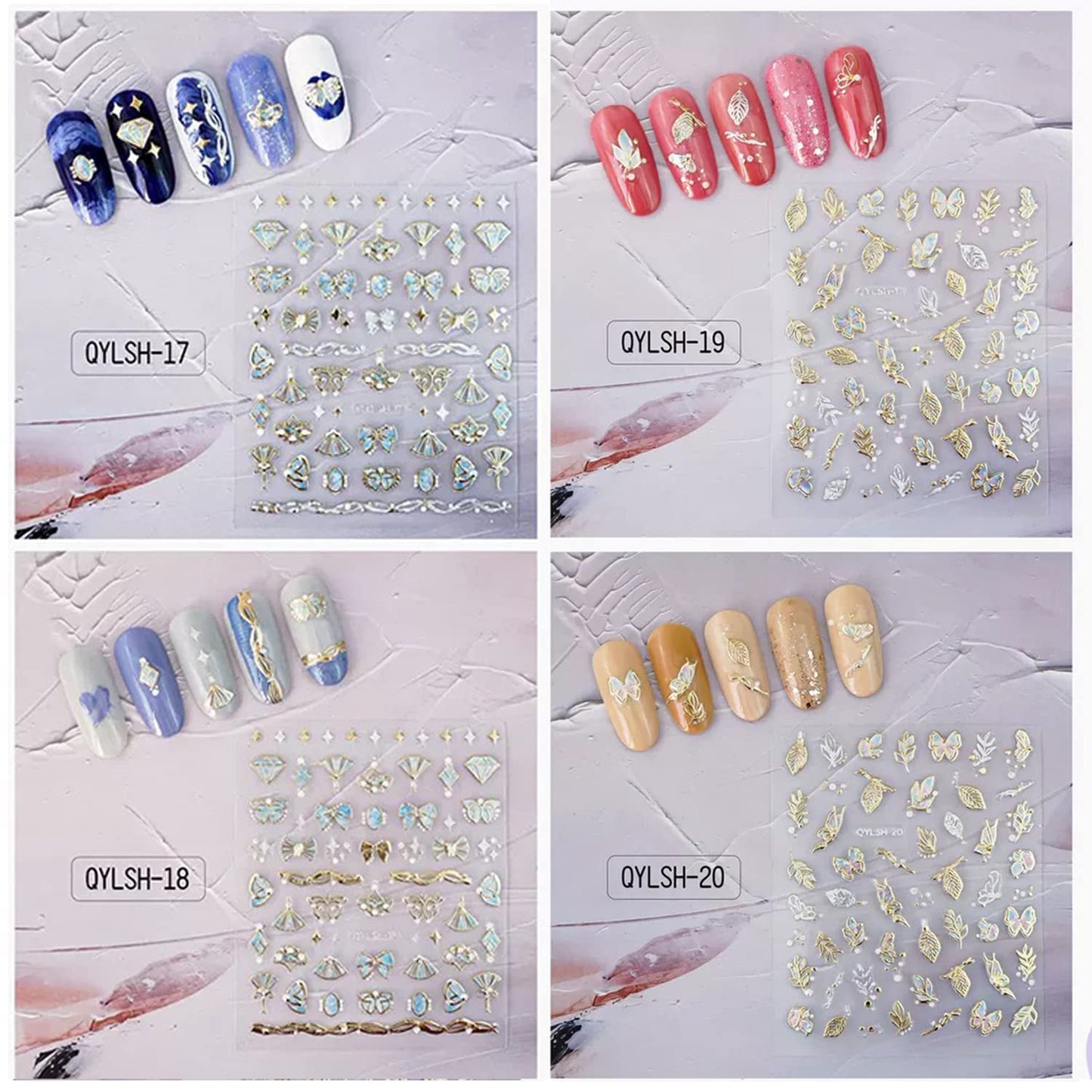 Zoance 20 Sheet 5D Embossed Nail Art Stickers,Luxury Gold Silver Nail Decals Self-Adhesive Metallic Leaves Flower Butterfly French Nail Stripe Line Stickers for Women Salon Home DIY Nail Supplies