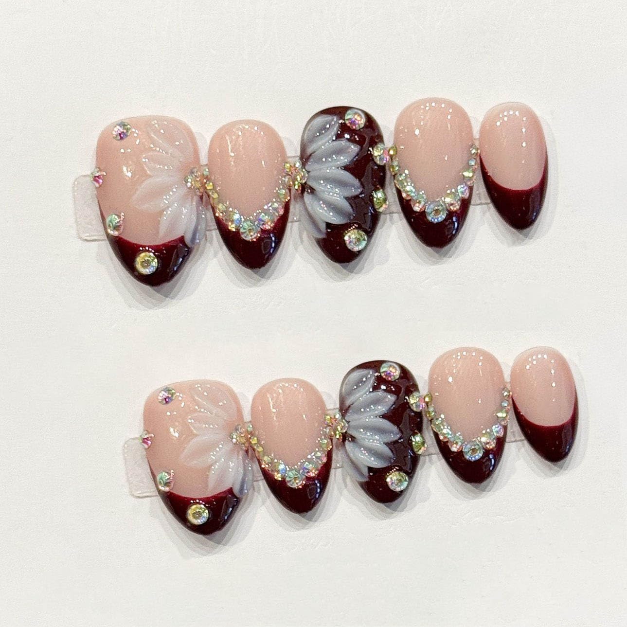 10Pcs Short Almond Handmade Press On Nails | Easy Apply & Remove, Reusable Salon Quality Nails | Elegant Burgundy French Tip Fake Nails with 3D Floral & Rhinestone Accents (RR04, XS)