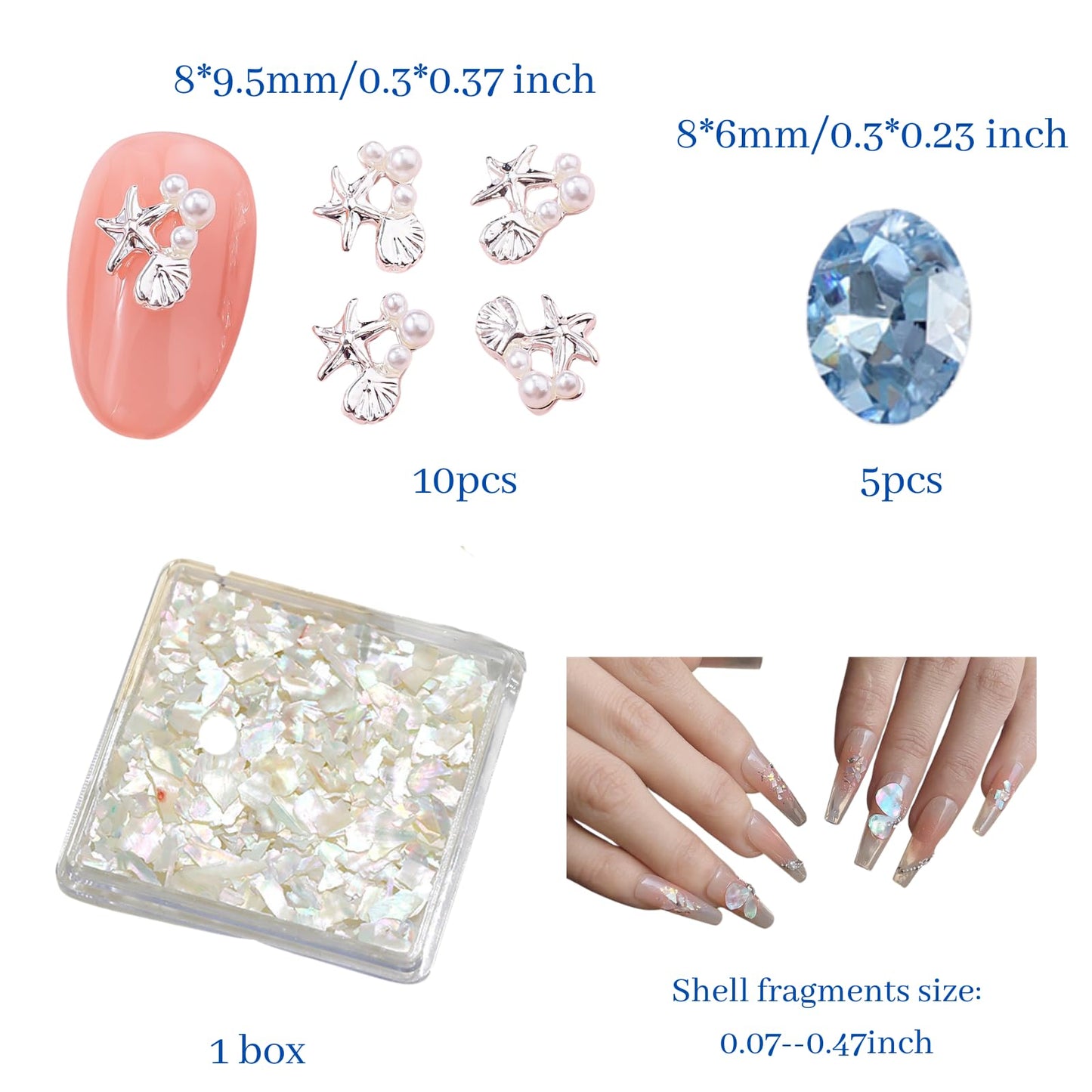 Press On Nails Sizing Kit Card and Ocean Nail Charms Bundle