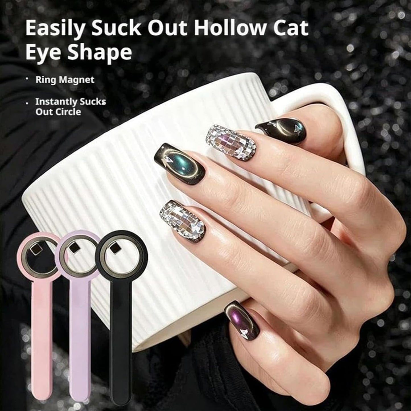 Ring-Shaped Cat Eye Magnet for Nails, Hollow Magnetic Design Circle Cat Eye Magnet for 3D Halo French Tip Nail Art, Home Salon DIY Manicure Tool (2Pcs-Black)