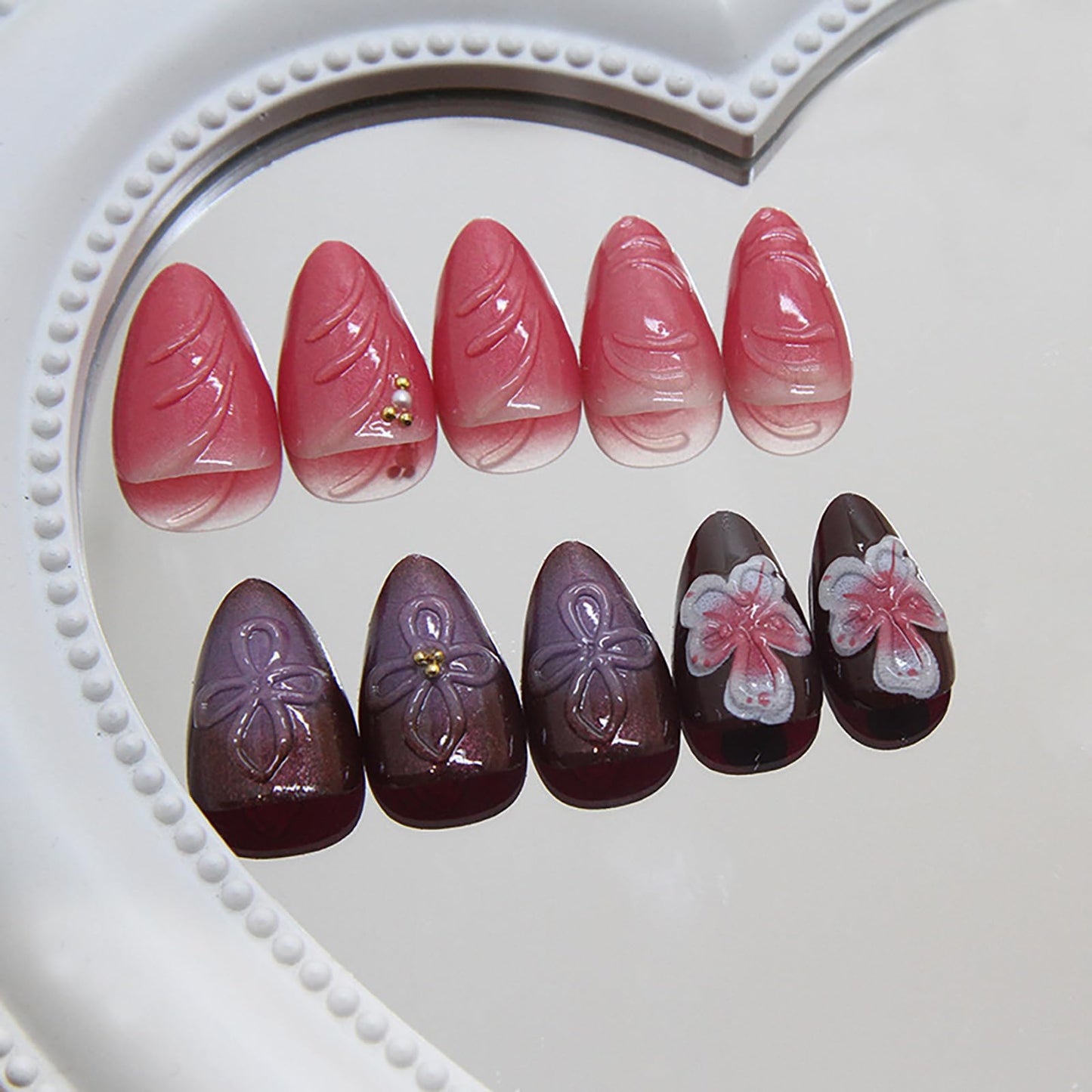 24Pcs Red Purple Almond Press on Nails Spring Summer Flower Fake Nails Glossy Full Cover Nails Press ons 3D Flower Nail Art Reusable False Nails Artificial Medium Stick on Nails for Women Girls