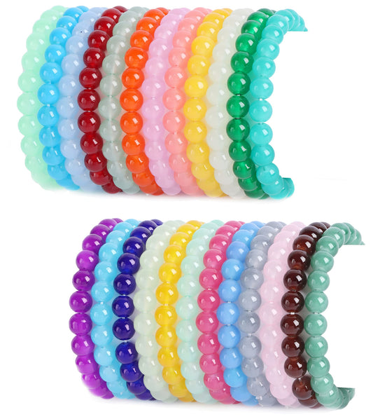 FIRAZIO 24Pcs 8mm Beaded Bracelet for Women Mens Handmade Glass Beads Bracelet Colorful Crystal Bracelet Elastic Round Bead Bracelets Jewelry