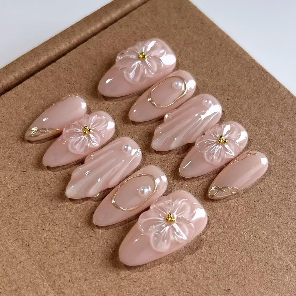 MAGLFELL 10 Pcs Medium Length Handamde Almond Press On Nails Reusable ABS Acrylic False Nails Set for Women (Size S)