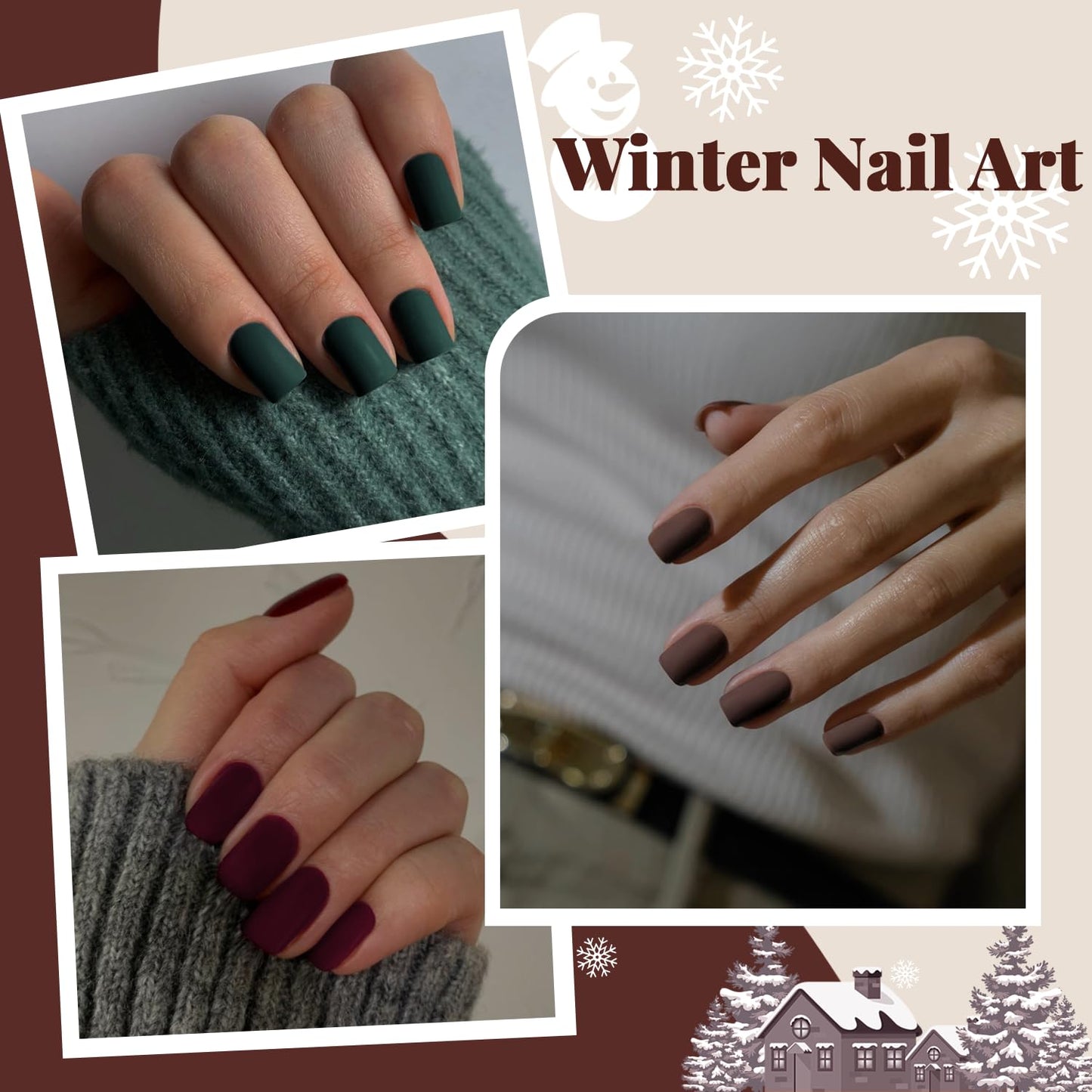 Matte Brown Press on Nails Short Square, Maroon Fake Nails Short Square Nails Press ons, Soft Gel Acrylic Glue on Nails Stick on for Women Fall Winter 24 Pcs