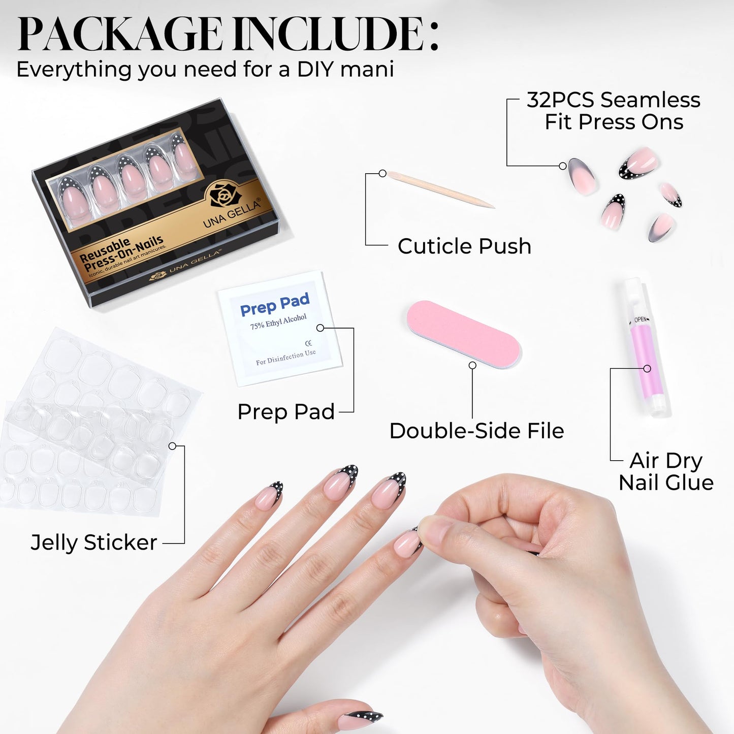 UNA GELLA 32Pcs Soft Gel Press on Nails - 16 Sizes Polka Dot French Tip Almond Glue on Nails, Reusable Nude False Nails with Black Dots, Full Cover Acrylic Nail Kit for Women DIY Home Manicure