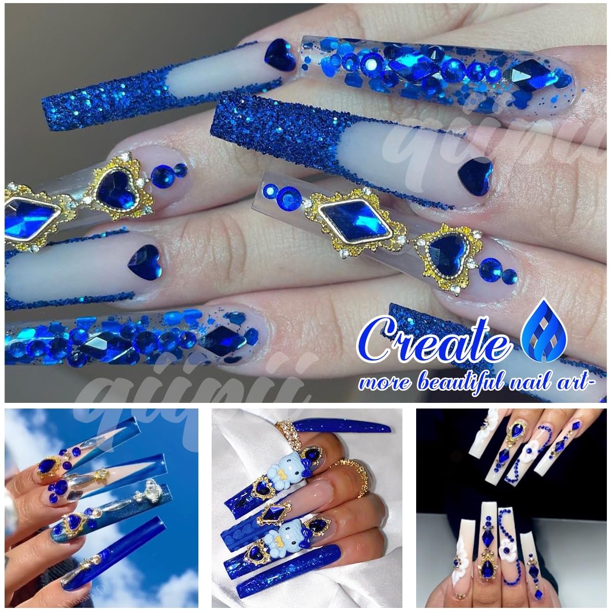 24pcs Blue Luxury Nail Charms +2000pcs Sapphire Rhinestones 3D Big Nail Gems K9 Glass Royal Blue Nail Crystals Diamonds Jewelry Stones Alloy Nail Art Studs Decor Supplies Heart Charms for Nails Crafts