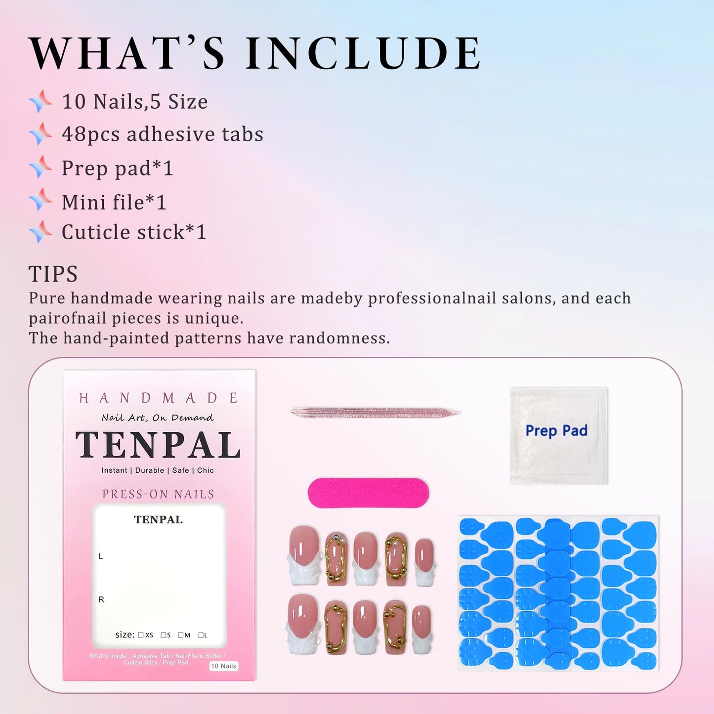 TENPAL Sheer Handmade French Tips Press on Nails Long Square 3D Embossed White Tip Nude Pink Fake Nails for Parties Daily Modern Minimalist Glossy False Nails for Women Gifts 10pcs(M)