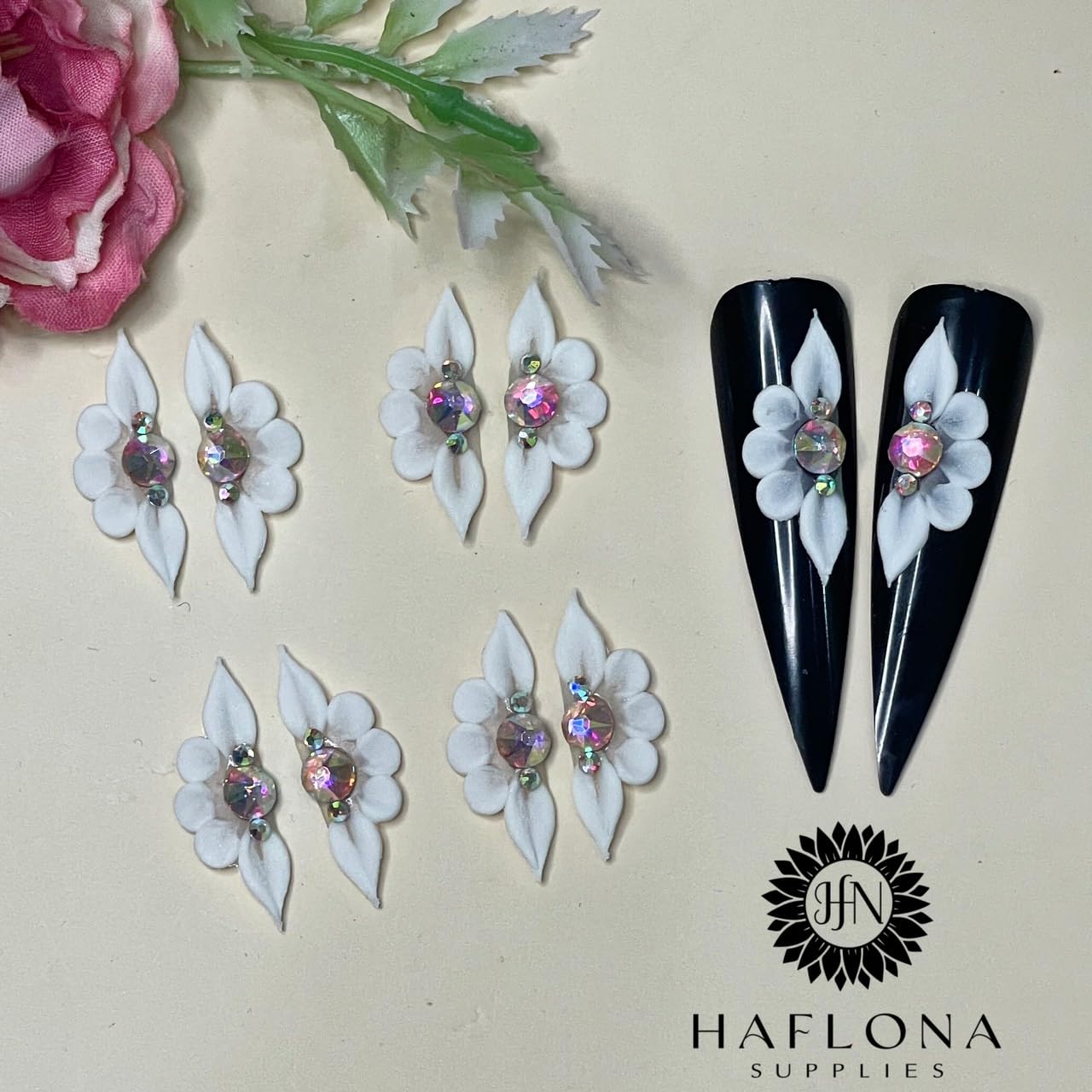 Set 8Pcs 3D Flowers Nails Charms with Rhinestone Gems Handmade by Acrylic Powder Design for Long Nail L,XL,XXL Flower Nail Art Floral Salon Decor Women Girls (White 3 Rhinestones-8Pcs)