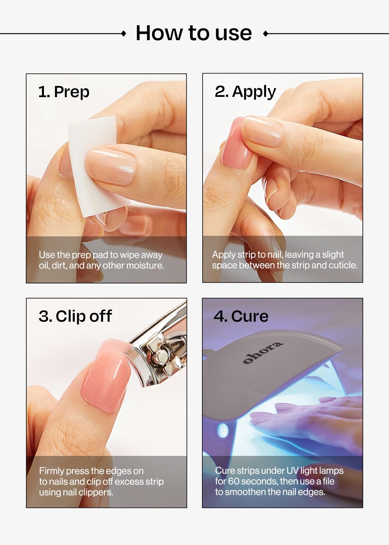 ohora Semi Cured Gel Nail Strips (N Onyx) - Dark, Solid, Works with Any UV/LED Lamps, Salon-Quality, Long Lasting, Easy to Apply & Remove - Includes 2 Prep Pads, Nail File & Wooden Stick