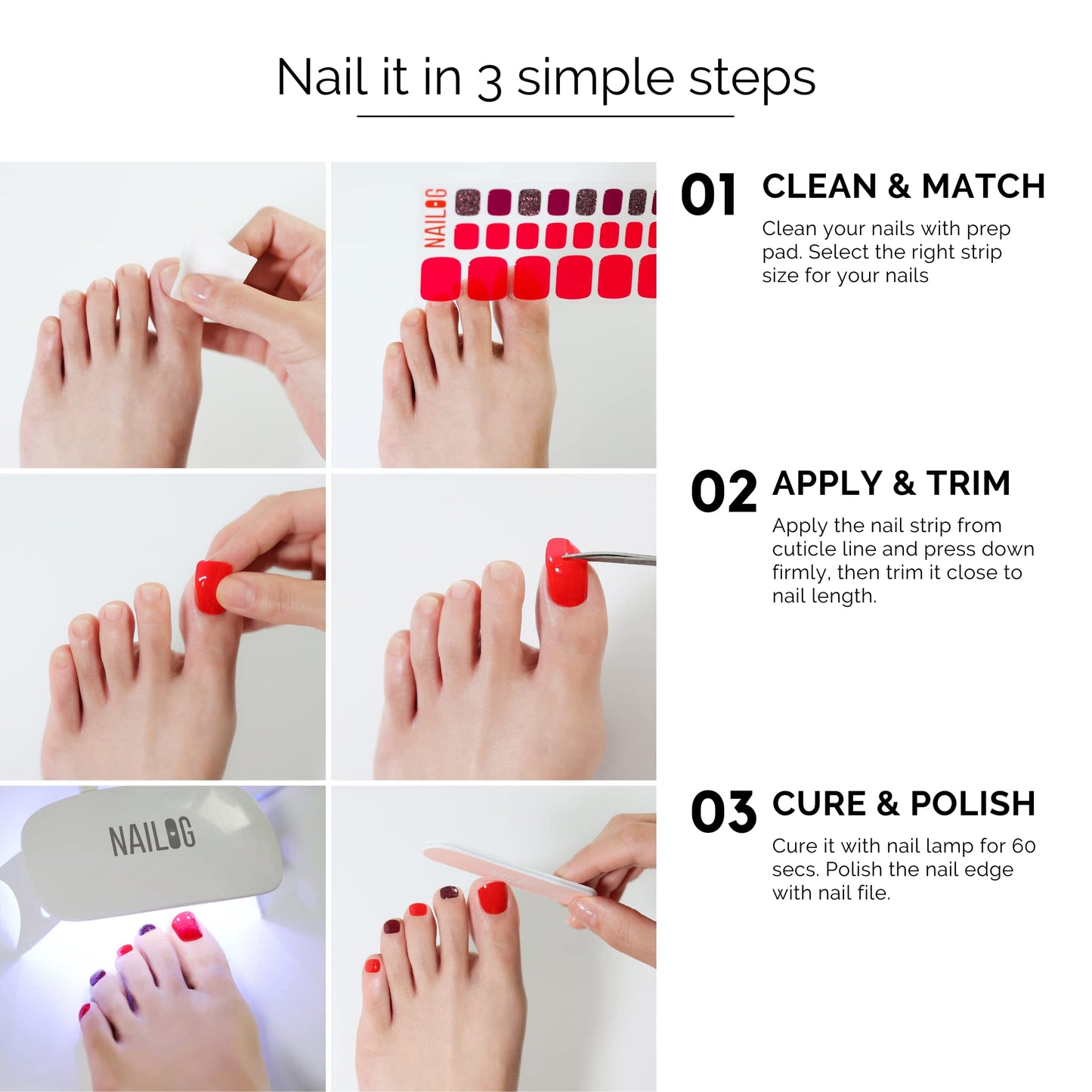 NAILOG Semi Cured Gel Nail Strips, Toe Nail Polish Strips with Glossy Gel Finishing | Buy 3 Get 1 UV Lamp| 32 Pieces Long Lasting Pedi Stickers | Rouge Noir