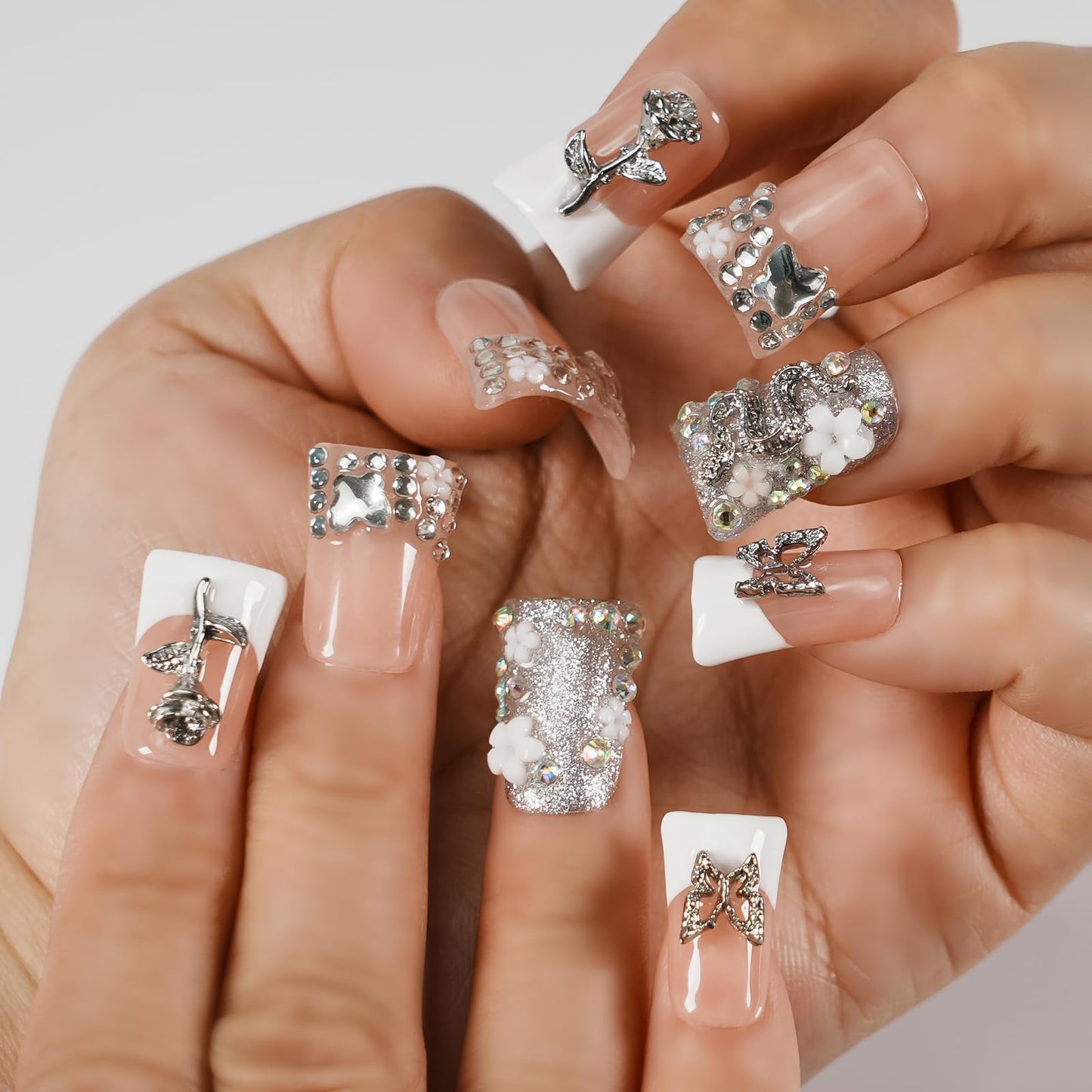 Tesytto Handmade Press on Nails Short Duck White French Tip Thick Acrylic Fake Nails 3D Floral Metallic Rose Butterflies Luxury Rhinestone Design (Silver Ash Butterfly Sheen,M)