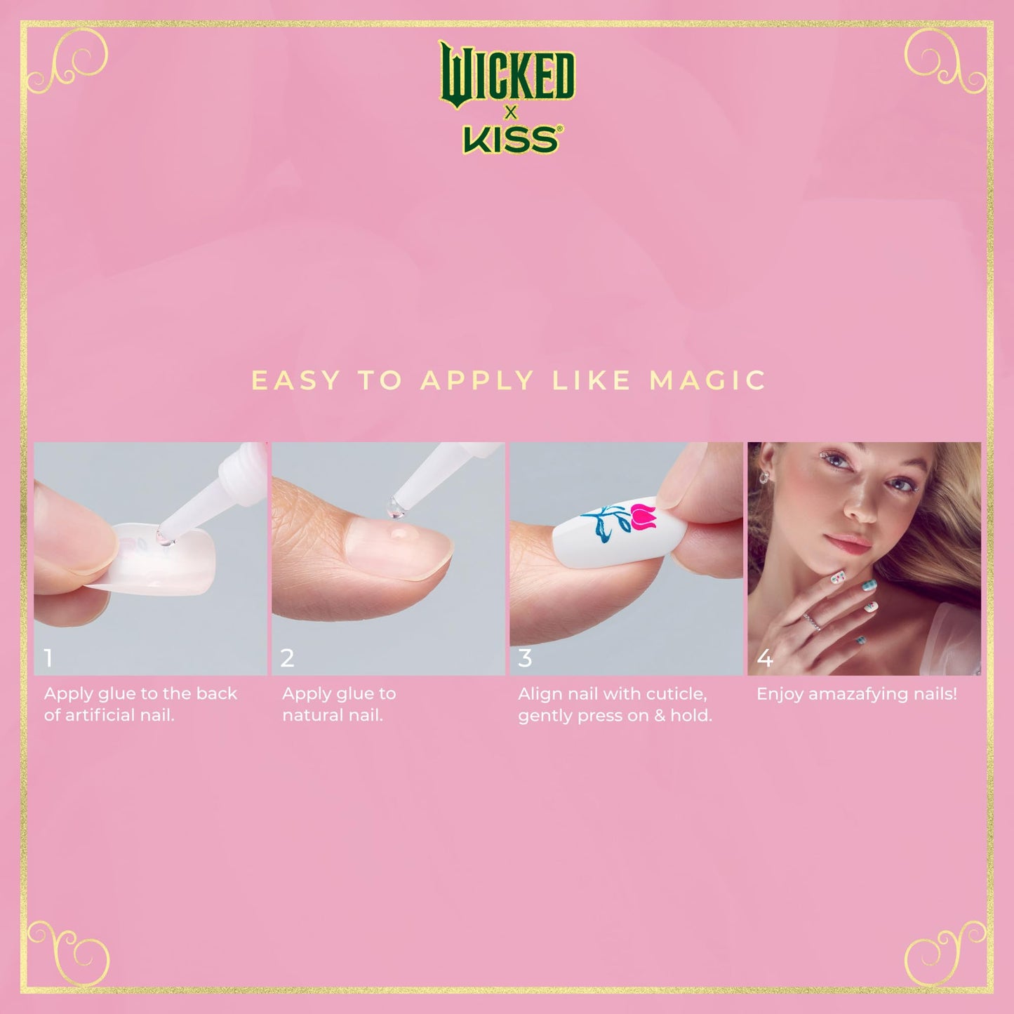WICKED X KISS Press On Nails, ‘Marvelous Munchkinland’, Blue, Short Squoval, Waterproof, Chip Proof, Smudge Proof, 28 Fake Nails, Pink Gel Nail Glue (2g), Mini Nail File, & Manicure Stick
