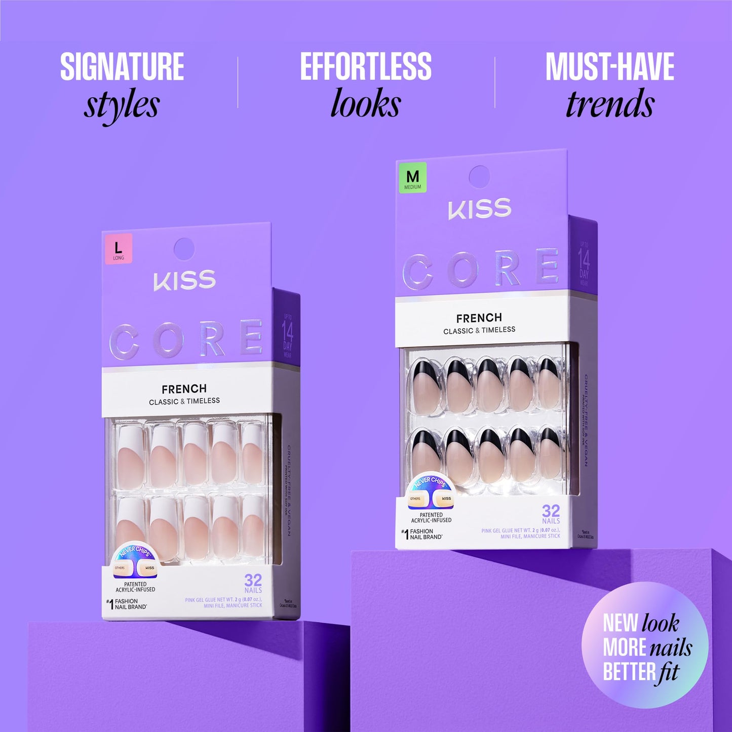 Kiss Core, Press On Nails, Nail glue included, 'Every Minute', White, Long Size, Square Shape, Includes 32 Nails, 2g Glue, 1 Manicure Stick, 1 Mini File