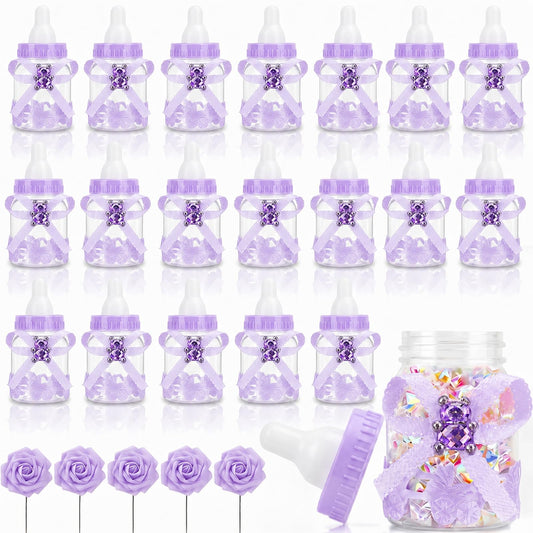 MACTING 2 Dozens 3.5 Inch Feeding Bottle Candy Box with 5Pcs Artificial Flower Rose for Baby Shower Favor Gift Decoration (Purple)