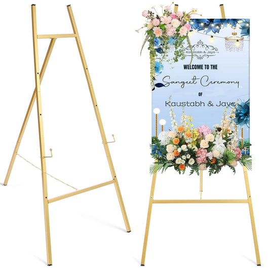 Meyeyaia 43'' Gold Easel Stand for Sign, Metal Heavy Duty Easel Display Stand, 4-Tier Adjustable Art Easels for Wedding Sign, Painting, Floor Décor, Posters, Pictures, Posters, Commercial Display