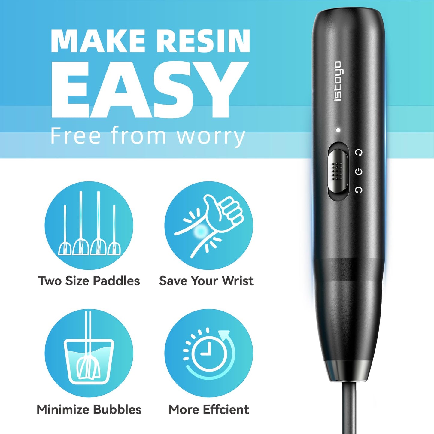ISTOYO Rechargeable Resin Mixer, Epoxy Mixer for Saving Your Wrist, Epoxy Resin Mixer for Resin Molds, Resin Supplies, Silicone Molds Mixing, DIY Crafts (Included 4 pcs Paddles)