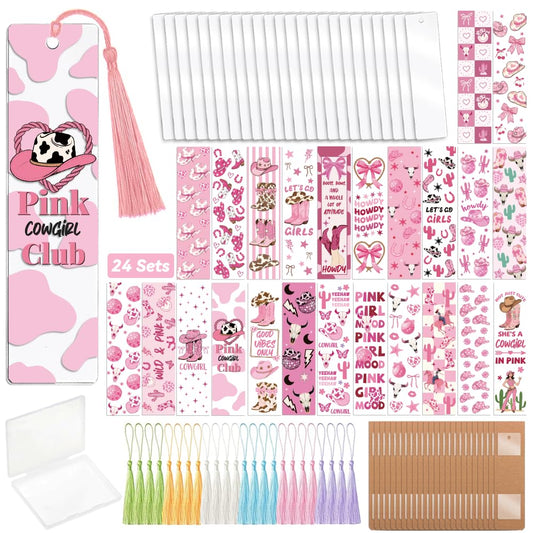 Peacoblue 121pcs Pink Cowgirl UV DTF Acrylic Bookmark Making Kits Carft for Women Men Adult, DIY Cute Bookmarker Decal Stickers Warps Kit for Students Teachers Book Lovers Reading