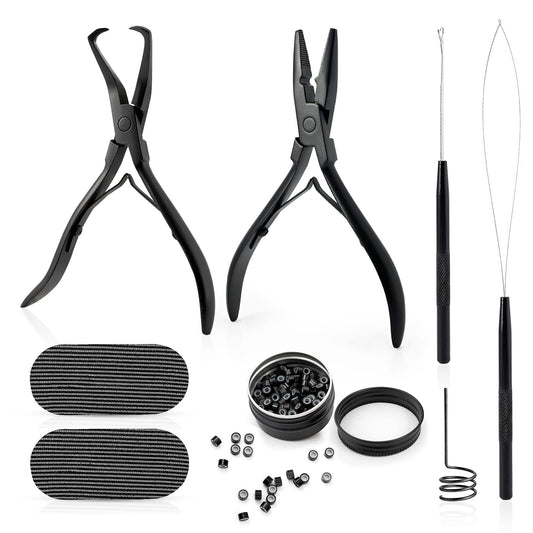 Gomake Microlinks Hair Extensions Kit, Hair Extension Closer and Removal Pliers, Micro Beads Pulling Hook & Microbead Loop Tool, Micro Links Silicone Rings Bead 200PCS(Black)