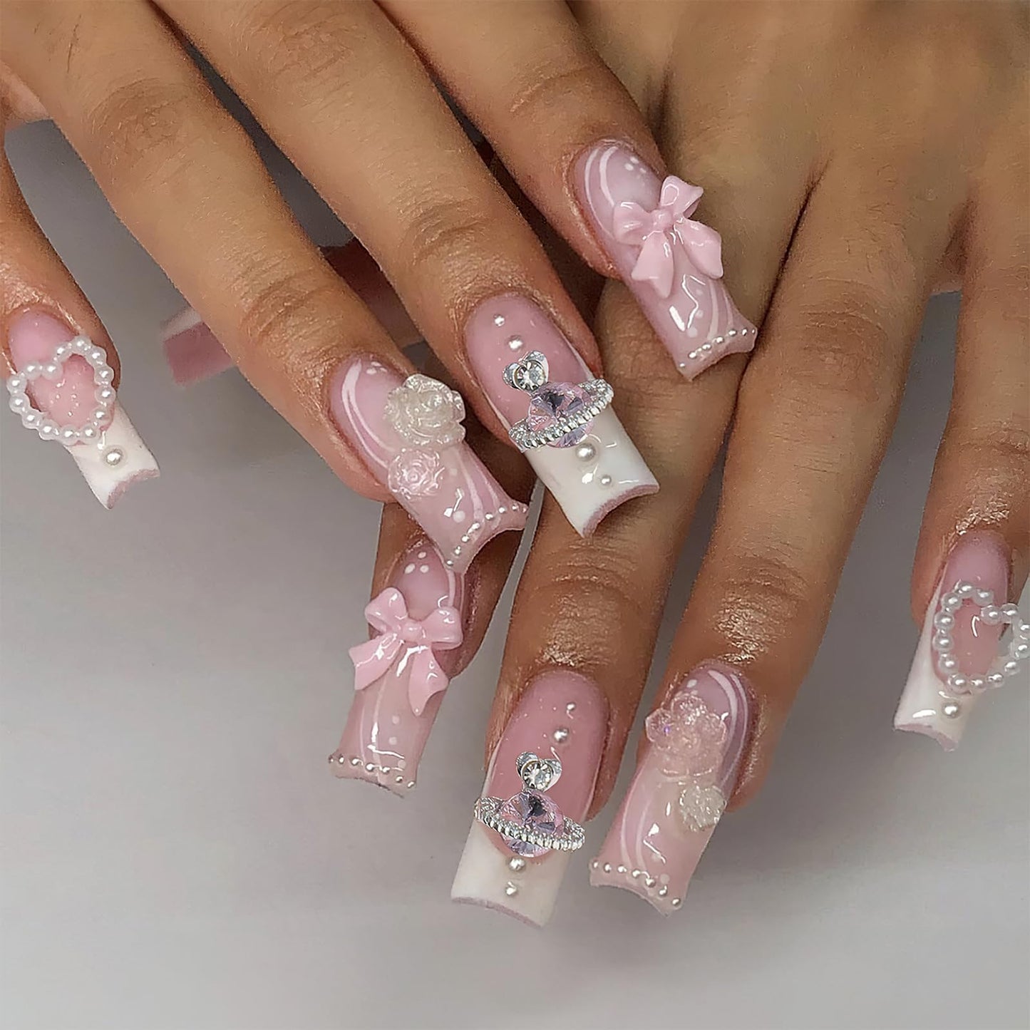 24pcs Long Square Press on Nails French Tip Fake Nails 3D Bow Heart Pearls Planet Charms Rhinestones Designs Acrylic Nails Glossy Pink Full Cover Glue on Nails for Women Girls Manicure Decoration