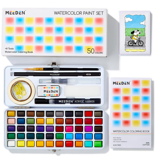 MEEDEN Travel Watercolor Paint Set: 50 Colors Watercolor Paints for Beginner with Brushes & Concertina Coloring Book - Portable Water Color Kit for Adult Painting On the Go