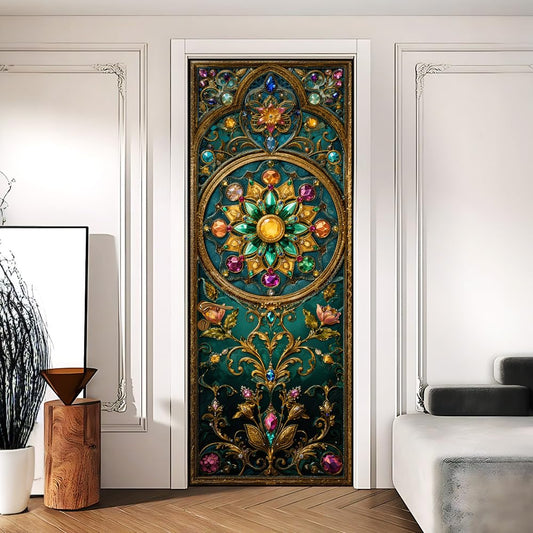Jewel Floral Door Mural Peel and Stick - Teal Mandala Boho Door Sticker, Self-Adhesive Door Decals, Vintage Door Covers Decorative, 30.31 x 78.74 Inch