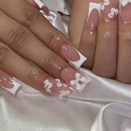24pcs French Tip Press on Nails Medium Length Fake Nails Flower with 3D Flower Bow Charms Acrylic Nails Press ons Design Glossy Pink False Nails Cute Stick on Nails for Women Manicure Tips