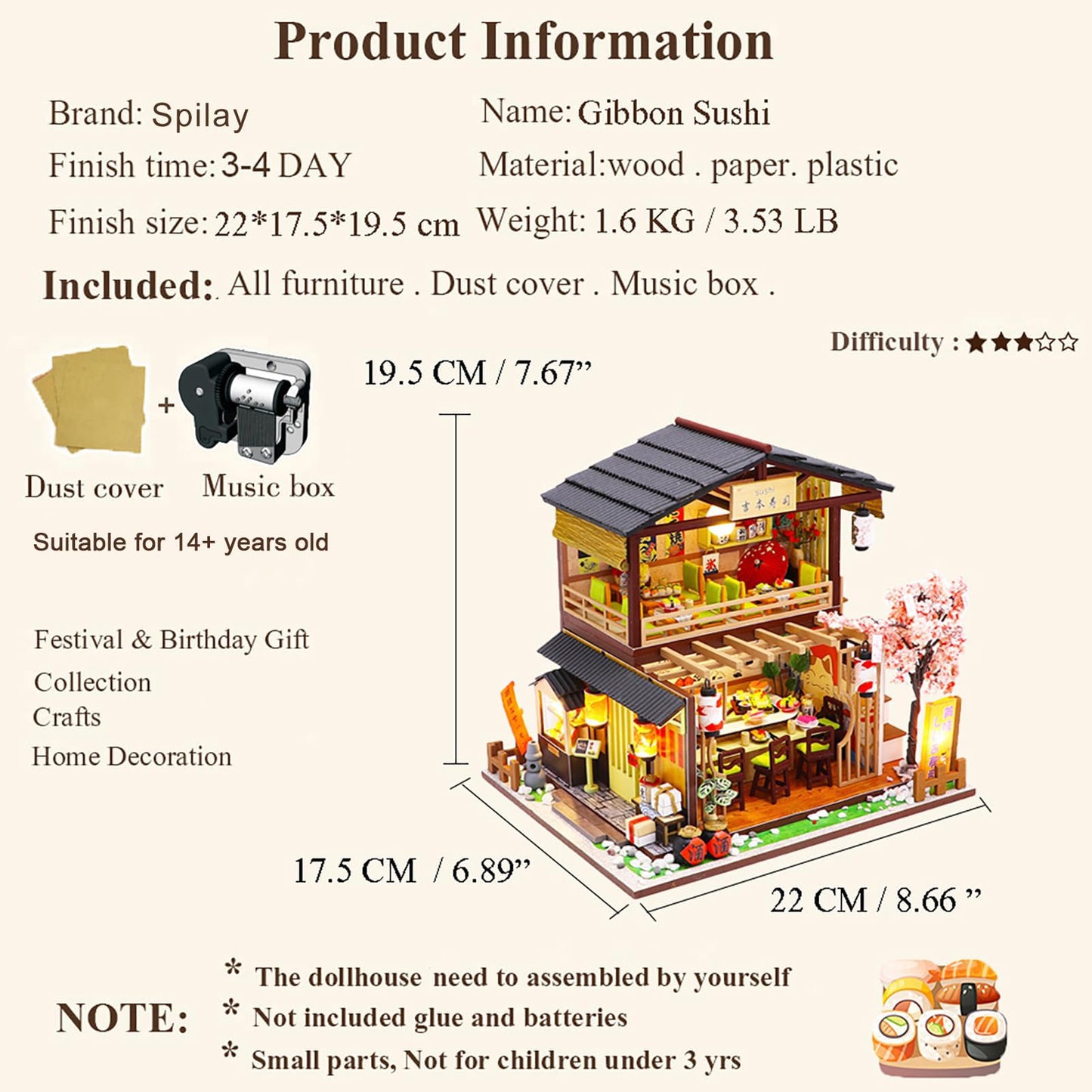 Spilay DIY Dollhouse Miniature with Wooden Furniture,Handmade Japanese Style Home Craft Model Mini Kit with Dust Cover & Music Box,1:24 3D Creative Doll House Toy for Adult Teenager Gift
