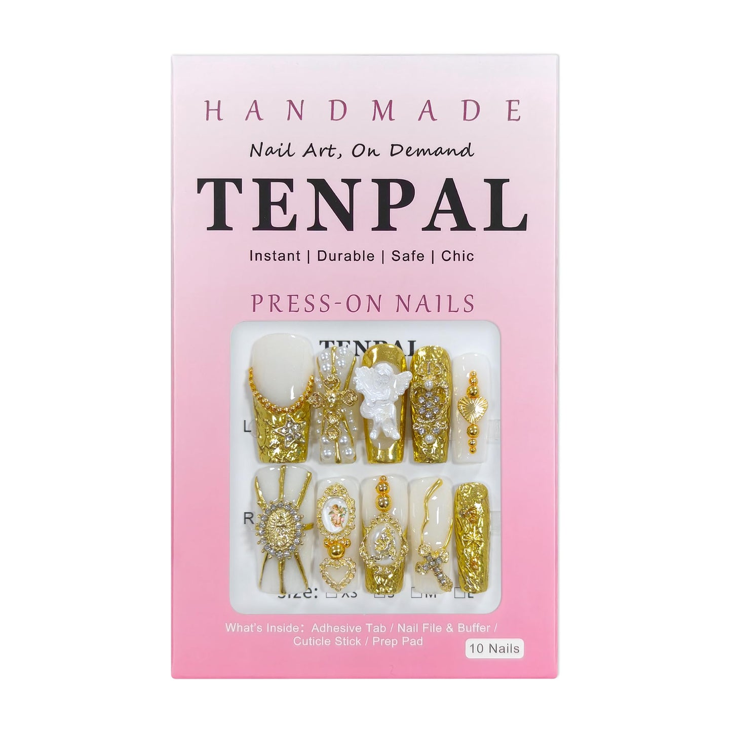 TENPAL Baroque Press on Nails Long Coffin 3D Embossed Pearl Cross Charm Luxury False Nails for Women Gold Glam Royal Cathedral Style Glue on Nails for Parties Holiday Events(M)