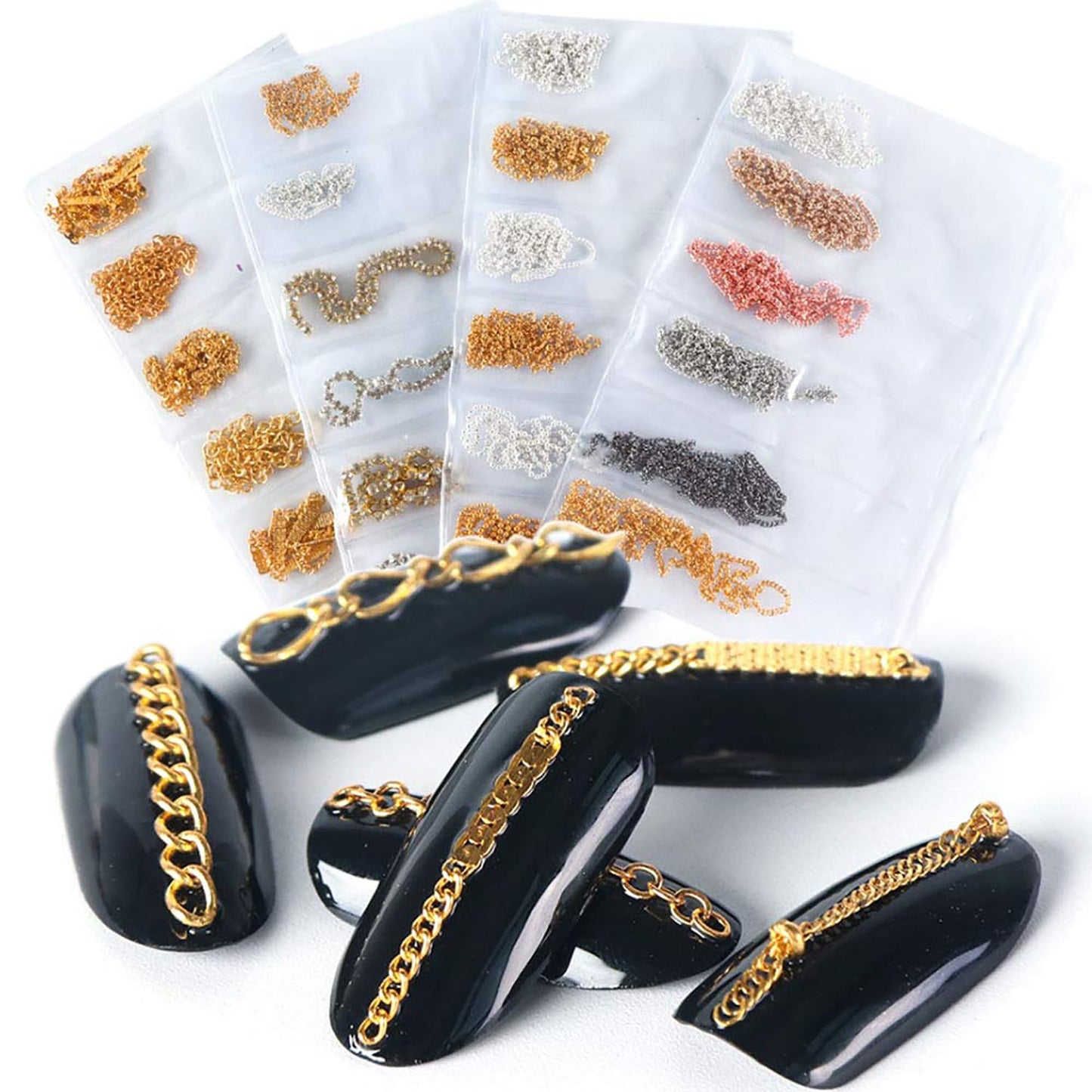 JERCLITY 4 Packs of 24 Strips Nail Chains for Nail Art Gold Silver Alloy Metal Nail Art Chains Gold Nail Charms Punk Nail Studs Jewelry Accessories for Women Nail Art