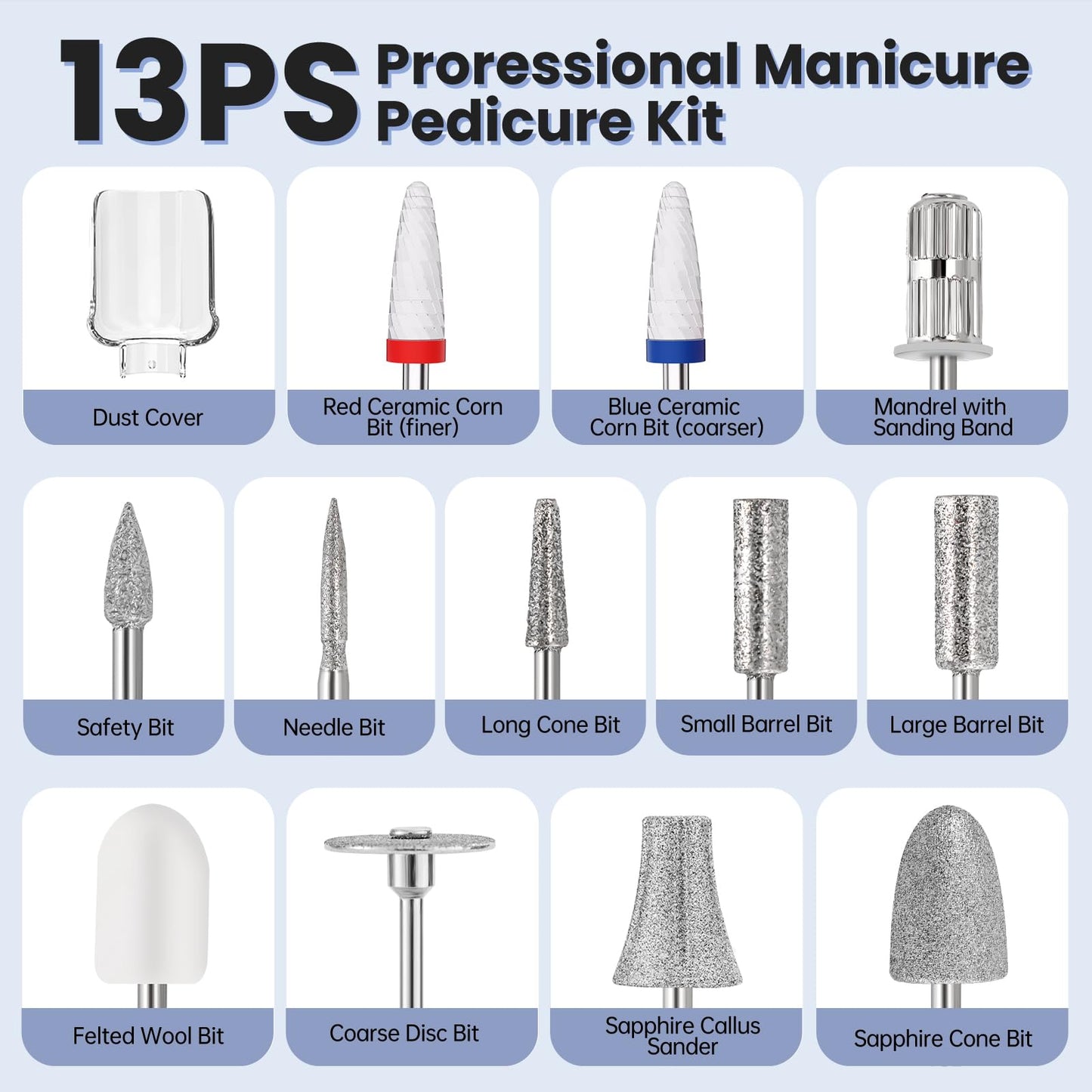 Electric Nail Drill, Cordless 2000 mAh Rechargeable Portable Nail File 12 in 1 Kit for Thick Toenails, 10 Speeds Nail Dril Machine Professional Manicure Pedicure for Hand Natural Nails Care (Grey)