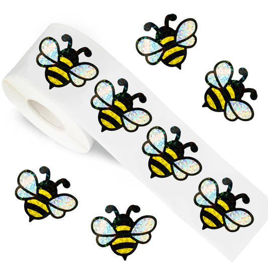 FYSUIMU 500Pcs Bee Stickers 1.5 Inch Summer Holographic Bumble Bee Sticker Decals Roll Sparkly Honeybee Reward Labels for School Classroom Office Planner Envelope Scrapbook DIY Supplies