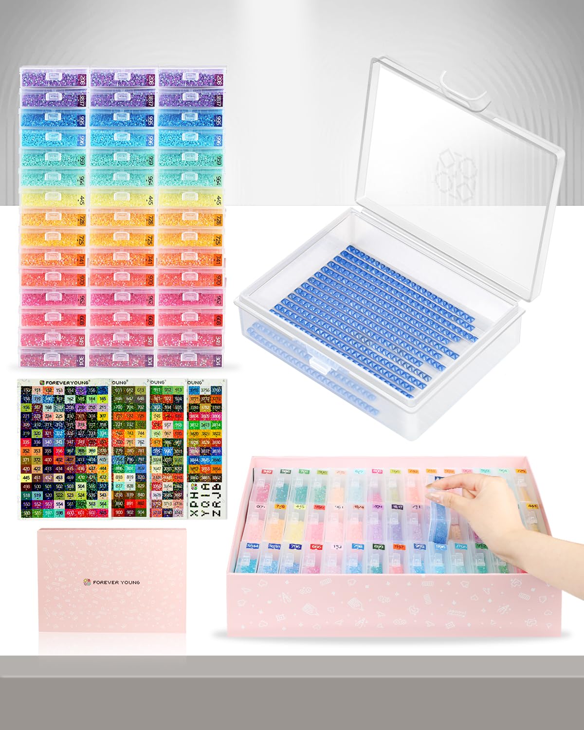forever young 45pcs Diamond Painting Storage Containers Trays, Diamond Art Accessories Diamond Painting Trays with Lids, 2-in-1 Storage, Bead Storage & Line-Up, Box Package